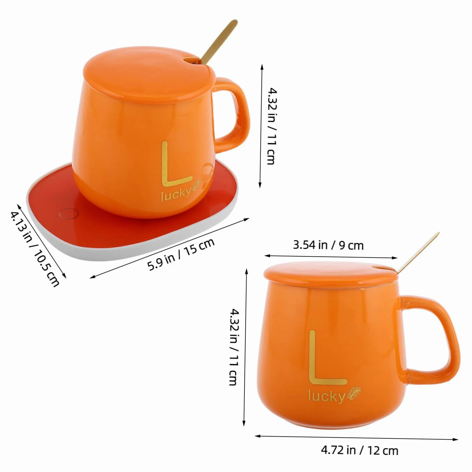 Scalda Tazza Elettrico in Ceramica Arancia con Funzione Antiscivolo e Antiscaldamento, per Ufficio e Feste di Natale con Coperchio e Cucchiaio