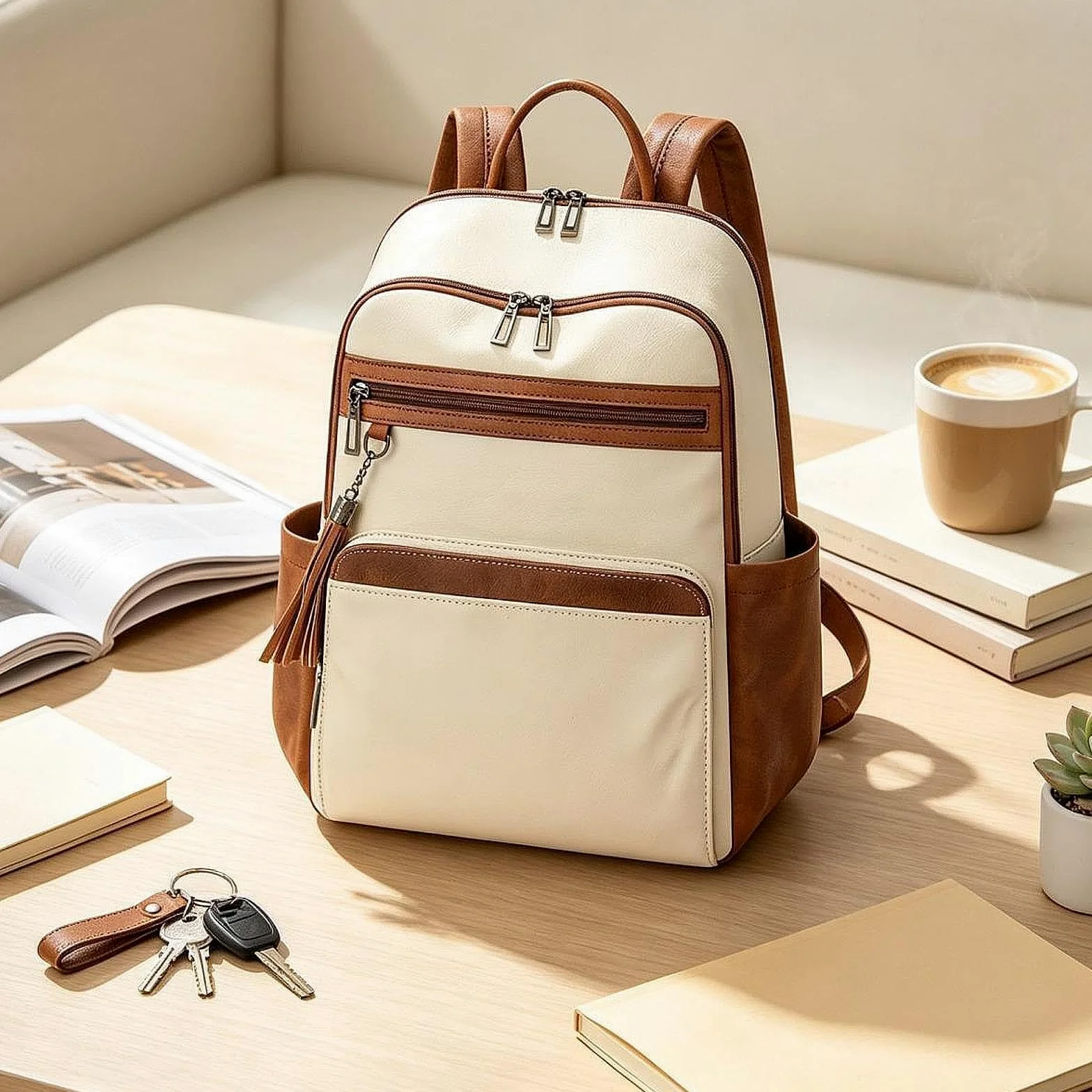 Zaino da Viaggio, Borsa per Il Weekend, Zaino per Viaggiare, per Pendolarismo, per Spostamenti Quotidiani, Bianco Marrone