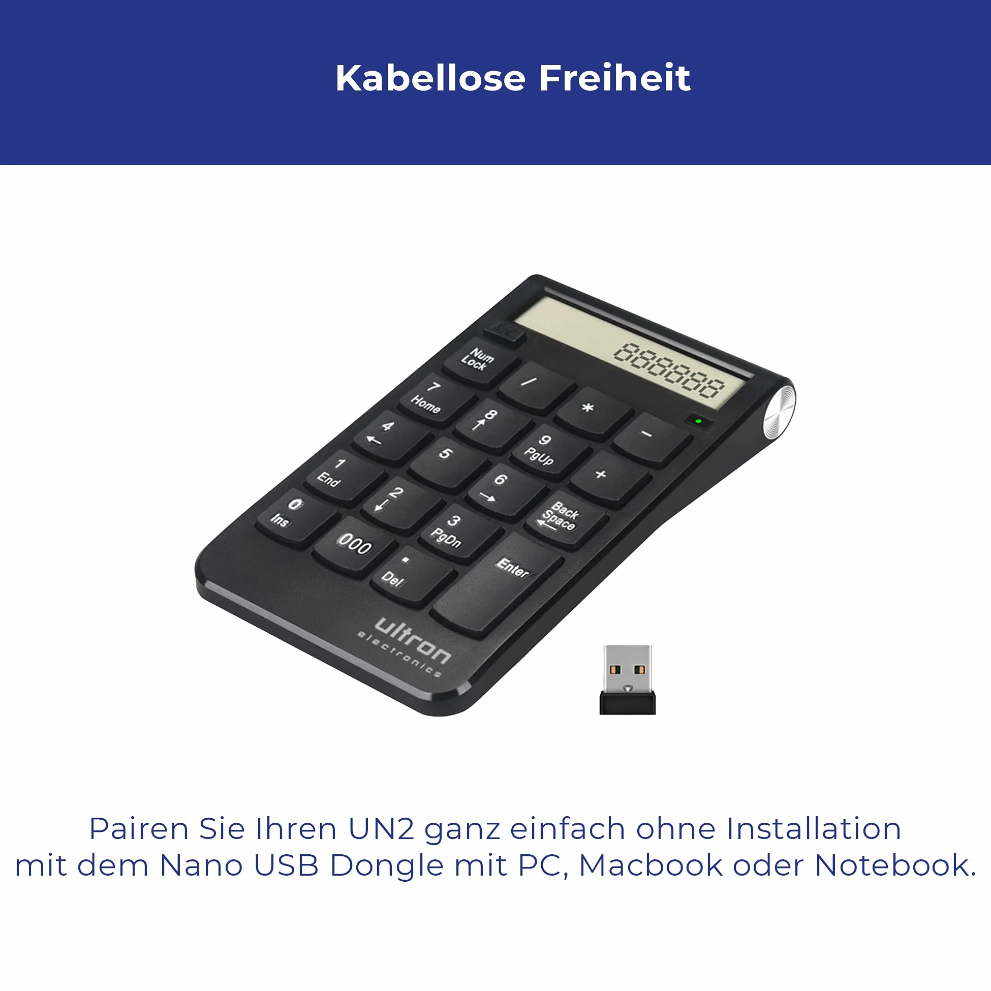 Ultron Numpad - Blocco numerico UN2, 2,4 GHz, calcolatrice USB Senza Fili, Numpad Wireless con Funzione Multi-Funzione 20 Tasti, Tastiera con Display per MacBook, PC e Laptop