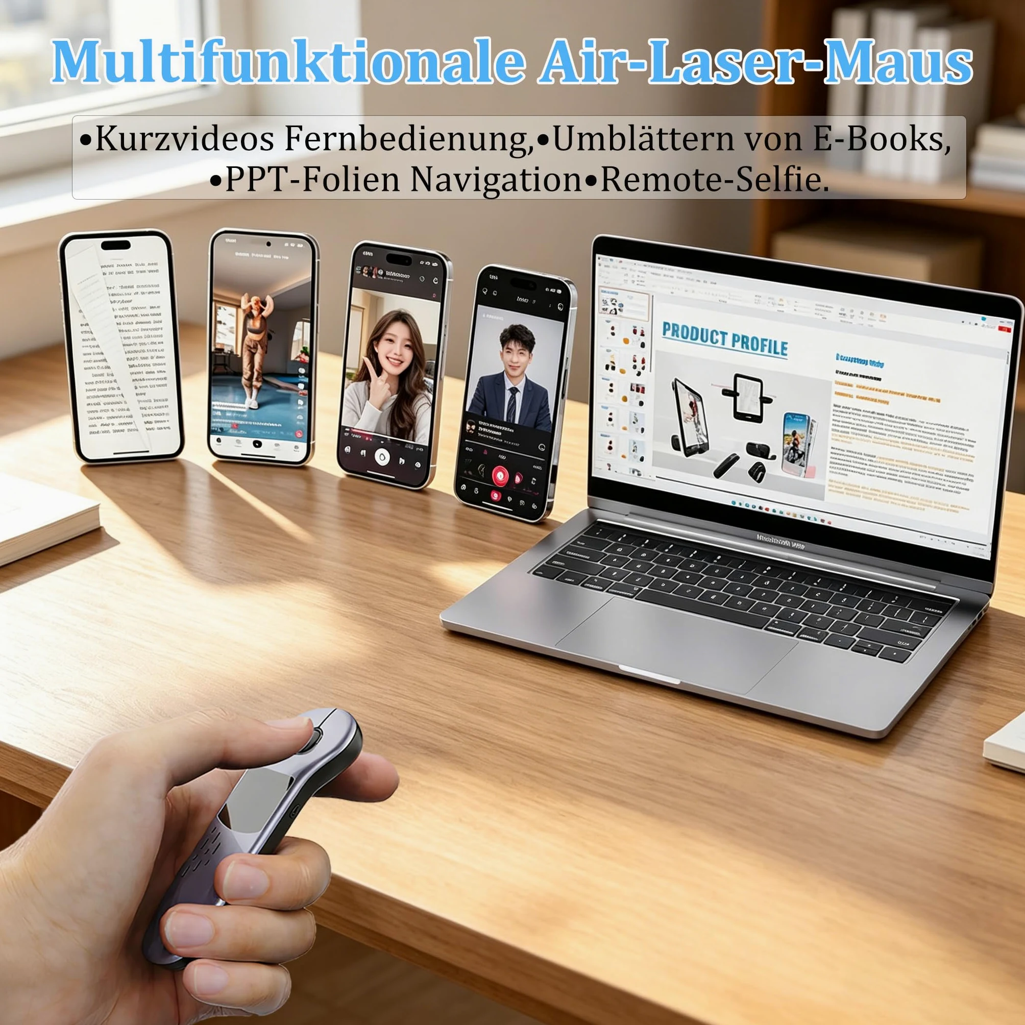 Mouse laser ad aria con touchpad, telecomando wireless Bluetooth ricaricabile per video corti TikTok, presentazione PPT, giratore laterale e-book, scatto fotocamera, per telefono, tablet, PC, laptop