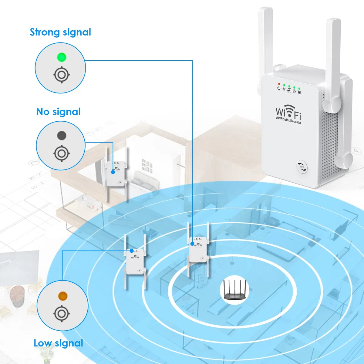 Ripetitore WiFi Potente per Casa Amplificatore WiFis Più Recente WLAN Ripetitores WiFi Extender 300Mbit/s 2.4GHz, Porta LAN, Supporta Modalità Ripetitore/Router/AP