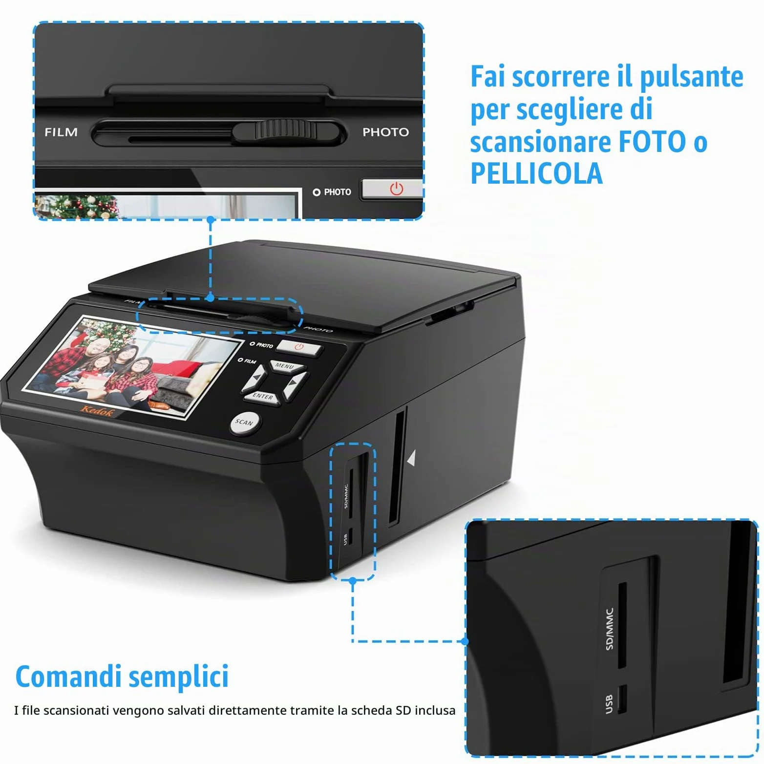 Kedok Multi-scanner per foto, diapositive e negativi,Convert 35mm,110 Film/Photo/NameCard to 22MP Digital JPEG,con schermo LargE da 5”