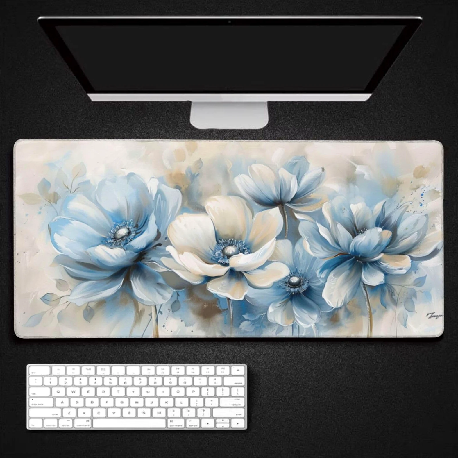 Tappetino Mouse XXL Fiore & Blu, 100 x 50 cm Tappetino da Scrivania G496 | Tappetino per Mouse, Base in Gomma Antiscivolo, Superficie Impermeabile, Bordi Cuciti, Tappetino Scrivania per Ufficio, Gioco
