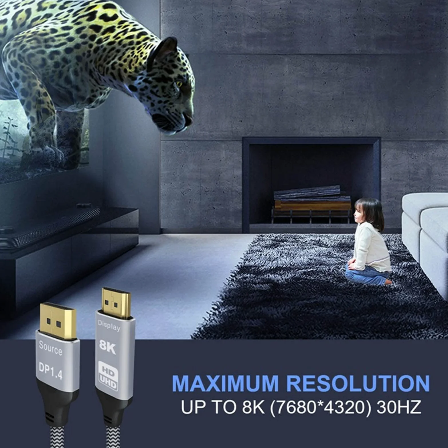 Septpenta Interfaccia Multimediale da Displayport 1.4 a HD, 8K 30Hz O 4K 120Hz, Supporto Modalità Mirror Ed Espansione, Guscio in Alluminio Connettore Placcato Oro, Lunghezza 6 Piedi
