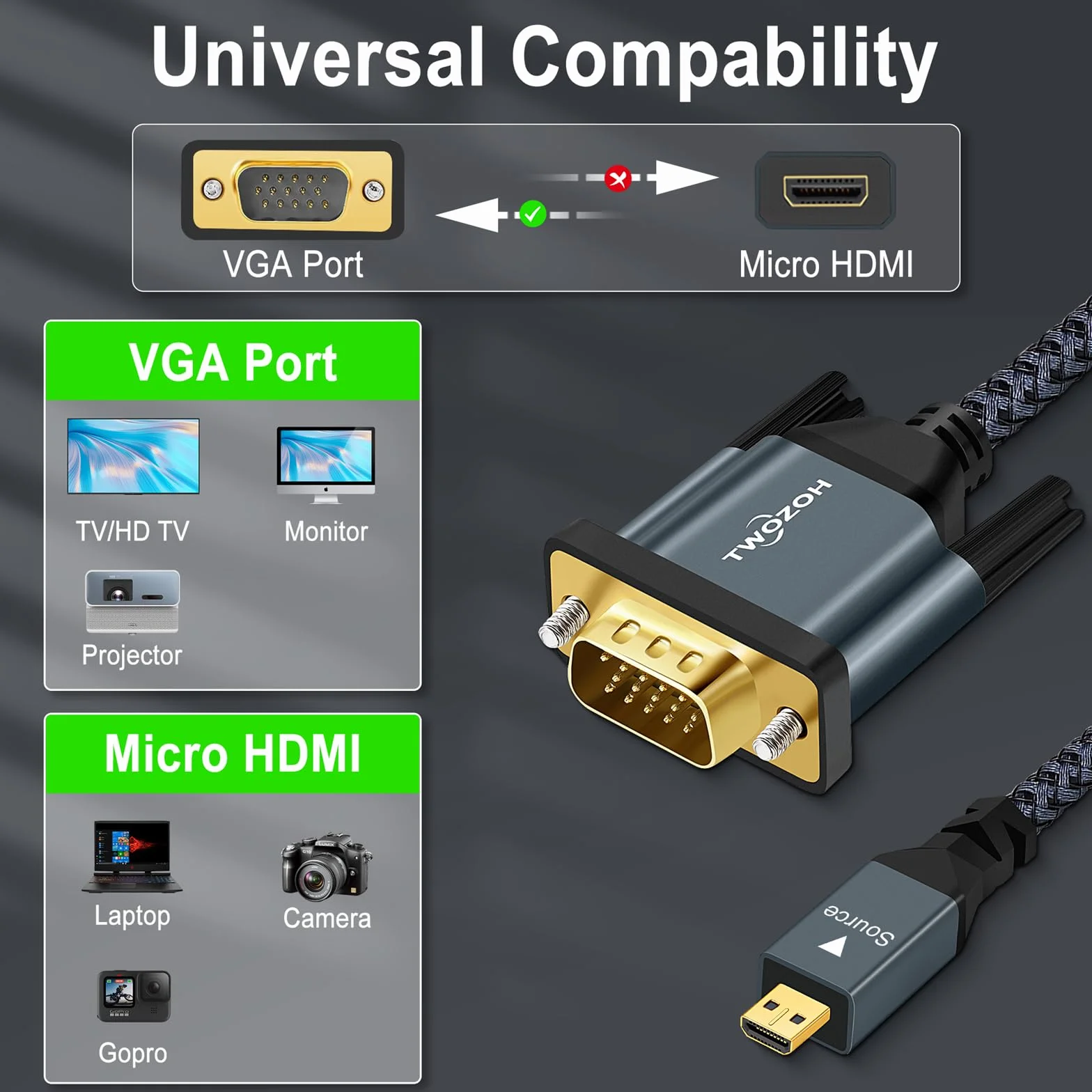 Twozoh Cavo da Micro HDMI a VGA 2M, Placcato oro e Intrecciato1080p, 720p, Compatibile con Computer portatile, Proiettore, HDTV