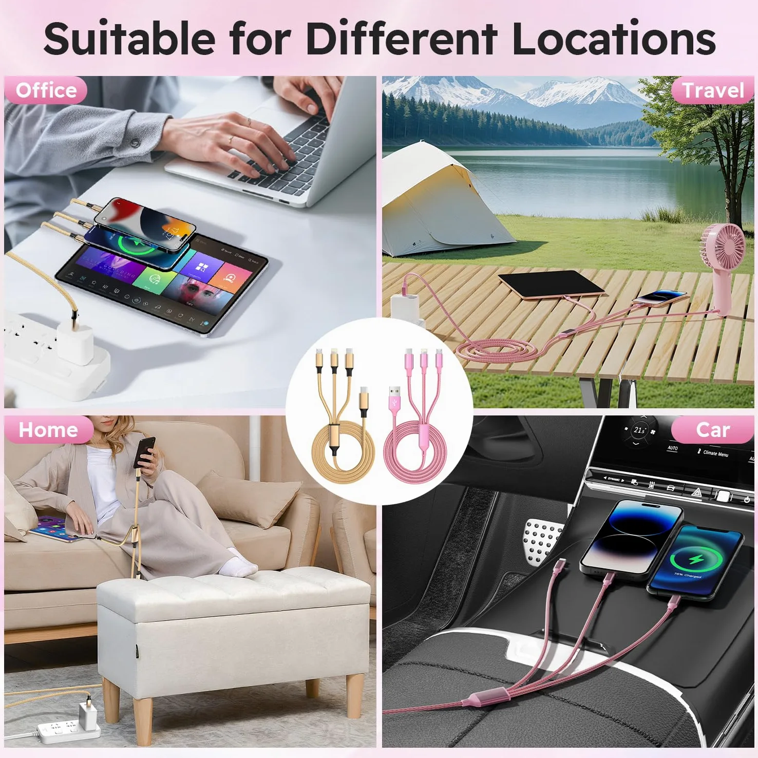Cavo di ricarica USB 3 in 1, nylon intrecciato da 1,2 m, rosa e oro, confezione da 2