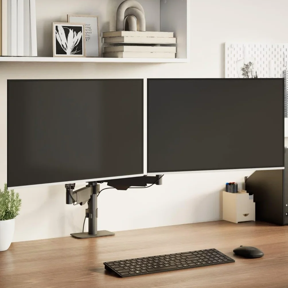 Doppio braccio monitor per max 27 pollici molla a gas 20 kg | VESA 75 x 75, 100 x 100, acciaio, morsetto a C, passacavi, rotazione a 360 gradi
