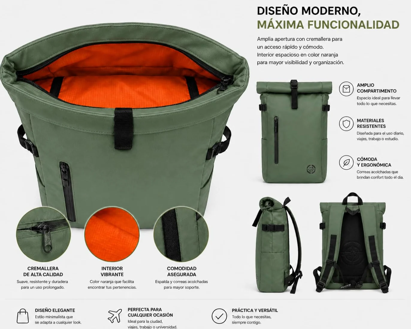 Zaino arrotolabile, impermeabile, espandibile, 20-25 l, con accesso rapido, portatile, casual, unisex, leggero, organizer, maniglia torlley, spallacci imbottiti, viaggi, lavoro, università, Verde