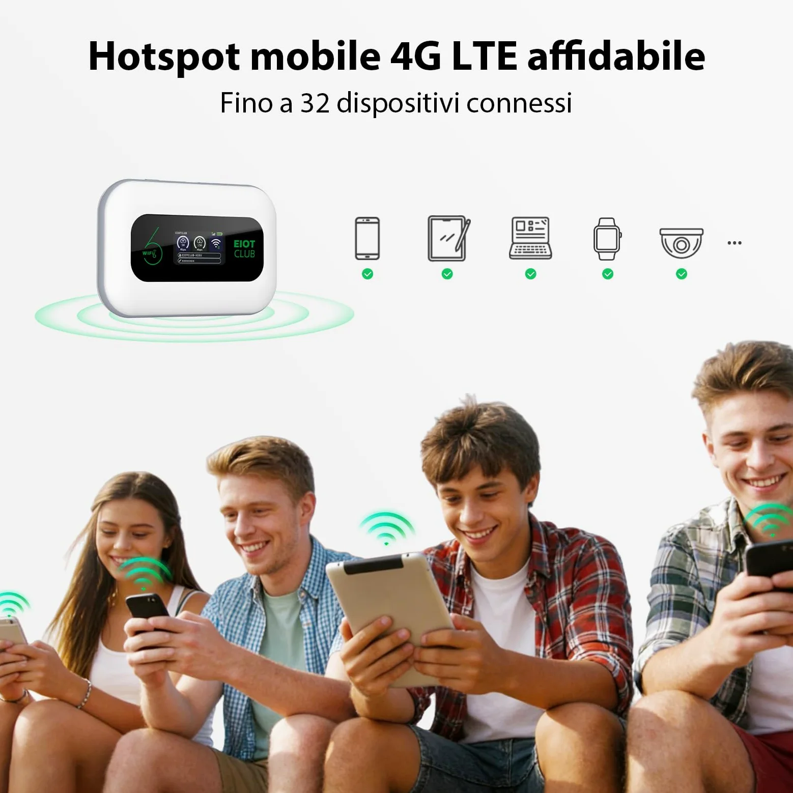 EIOTCLUB Router WiFi Mobile 4G LTE Senza Abbonamento, Con Carta SIM (Non Sostituibile), 1 GB Dati Europa, Batteria 3000mAh, Fino a 32 Dispositivi, WPA3, Pocket WiFi Portatile per Viaggi & Camping