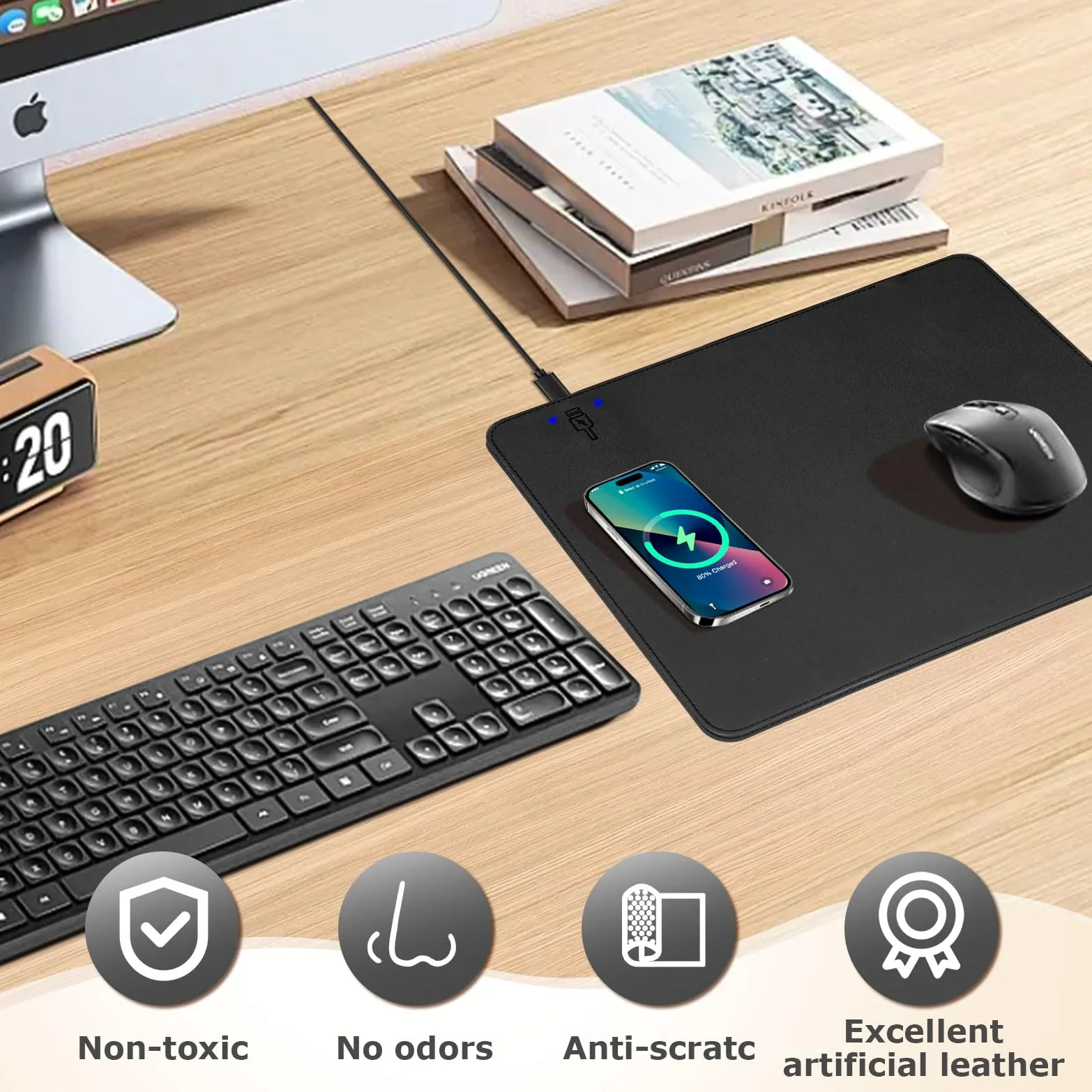 Tappetino per mouse con ricarica wireless, 2 in 1, multifunzione, in pelle, con base in gomma antiscivolo, impermeabile, per computer, ufficio, lavoro, casa, decorazione (30,5 x 25,4 cm