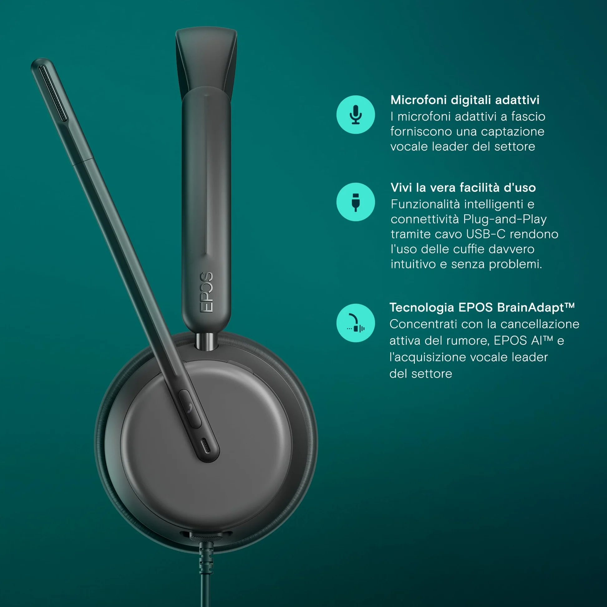 EPOS IMPACT 860T ANC Cuffie con Cavo Doppio Padiglione e Active Noise Cancelling, Certificato Teams, USB-C e USB-A, Super Wideband Audio, Ottime per Chiamate, Zoom, Ufficio, Casa e Lavoro Ibrido