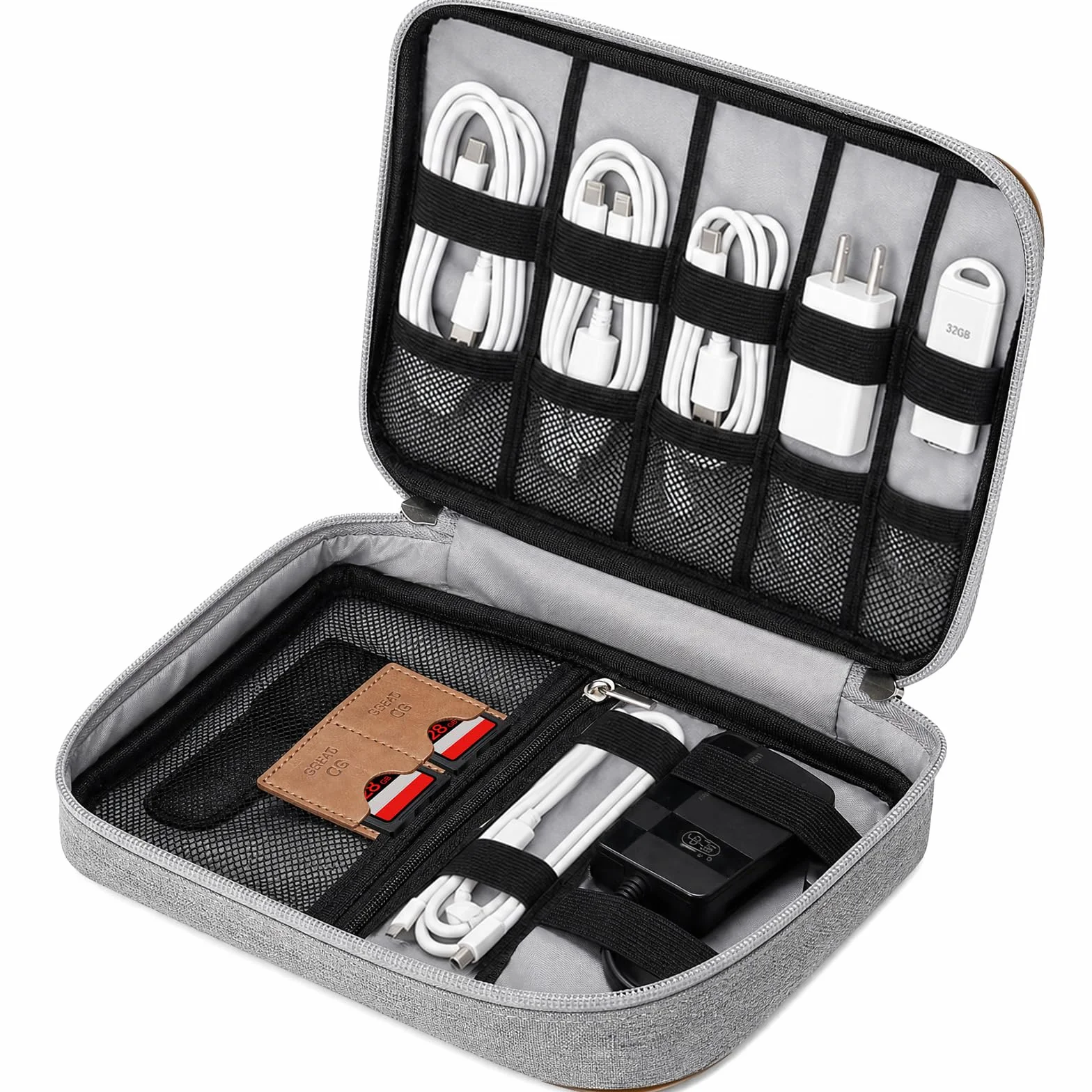 AiQInu Custodia Organizzatrice Elettronica, Borsa Accessori Tech Con Tasca iPad Mini, Slot Per Scheda SD & Cinghie Elastiche Per Caricatore, Cavi, Power Bank, Viaggi, Campeggio, Grigio
