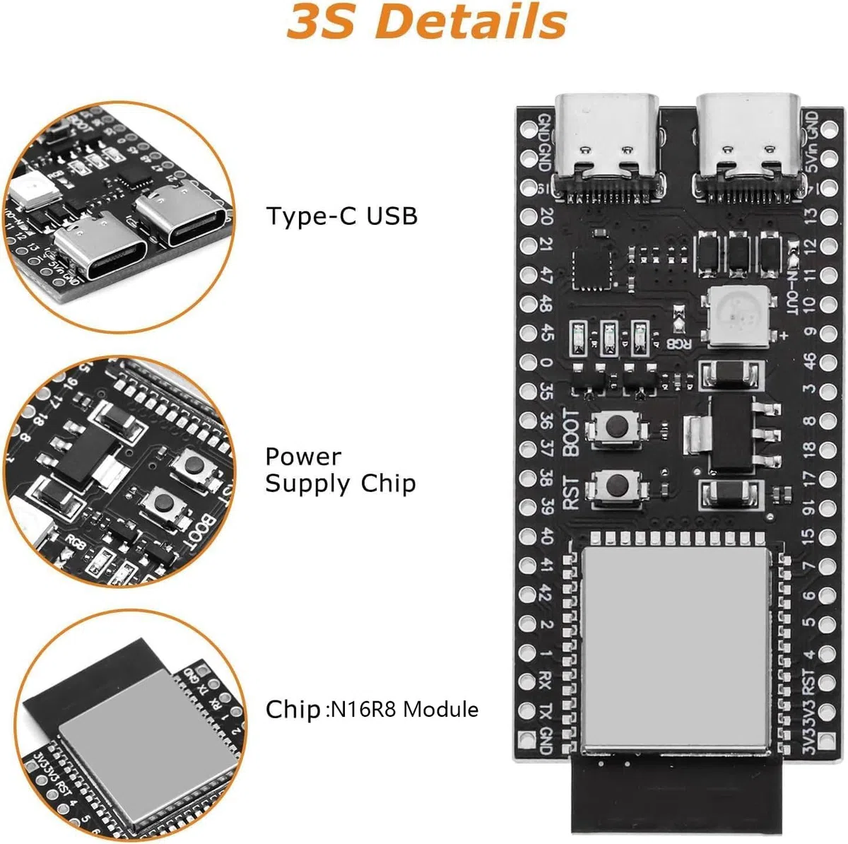 ESP-S3-DevKitC-1 WROOM-1-N16R8 Schede di sviluppo 16M di espansione flash esterna 8M PSRAM con WiFi, Bluetooth 5.0 per Arduino