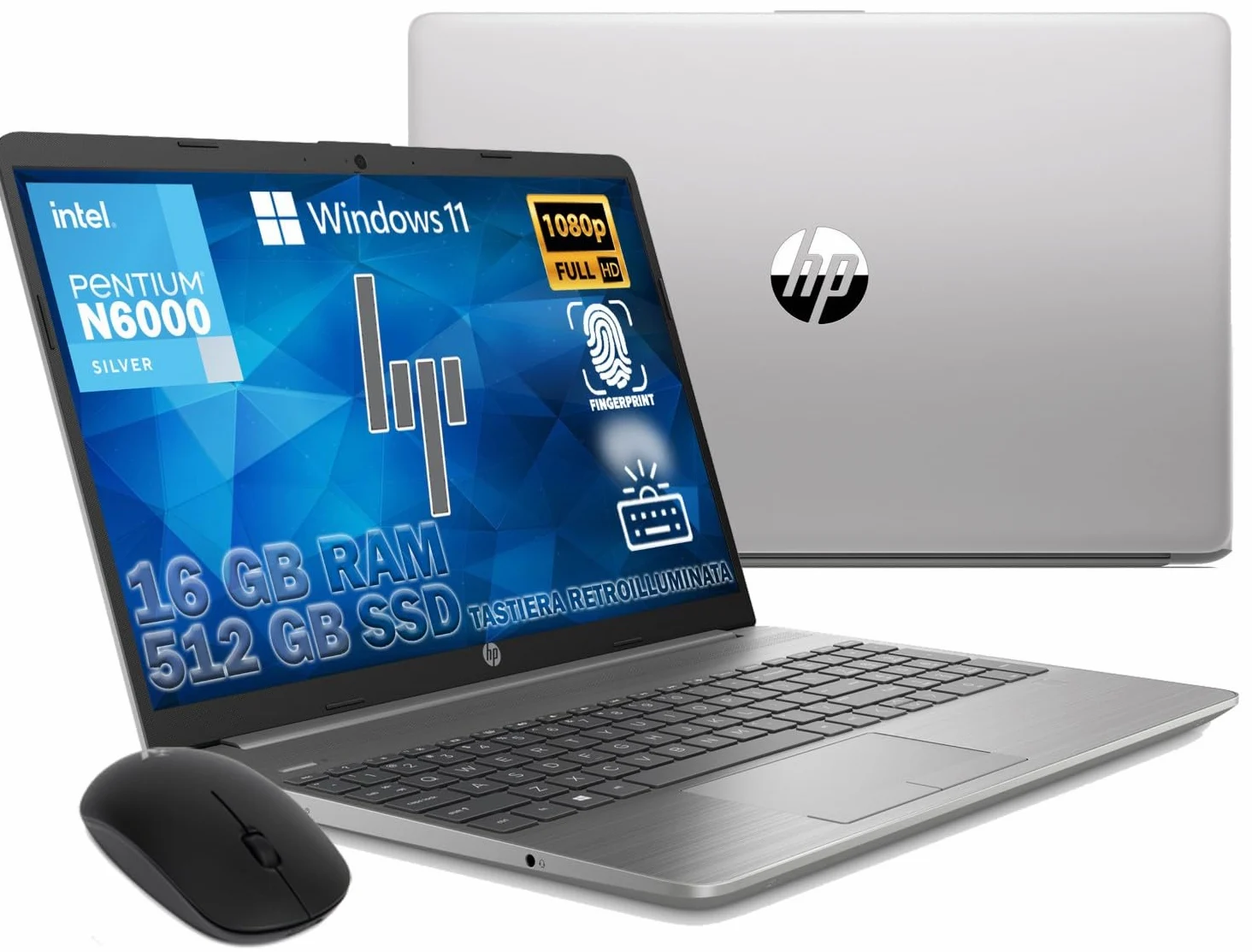 HP 250 G9 Notebook 2024 Ultra Silenzioso, RAM 16GB, SSD 512GB, Display FullHD 15.6", Intel N6000 4 Core da 3,3 GHz, tastiera retroilluminata, touch id, Win 11 Pro, Libre office, Mouse OMAGGIO