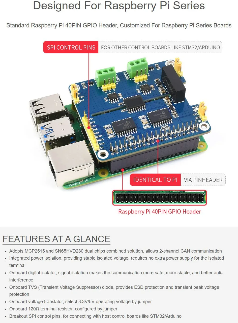 Waveshare 2-Channel Isolated CAN Expansion HAT for Raspberry Pi with MCP2515 + SN65HVD230 Dual Chips Solution and Multi Onboard Protection Circuits