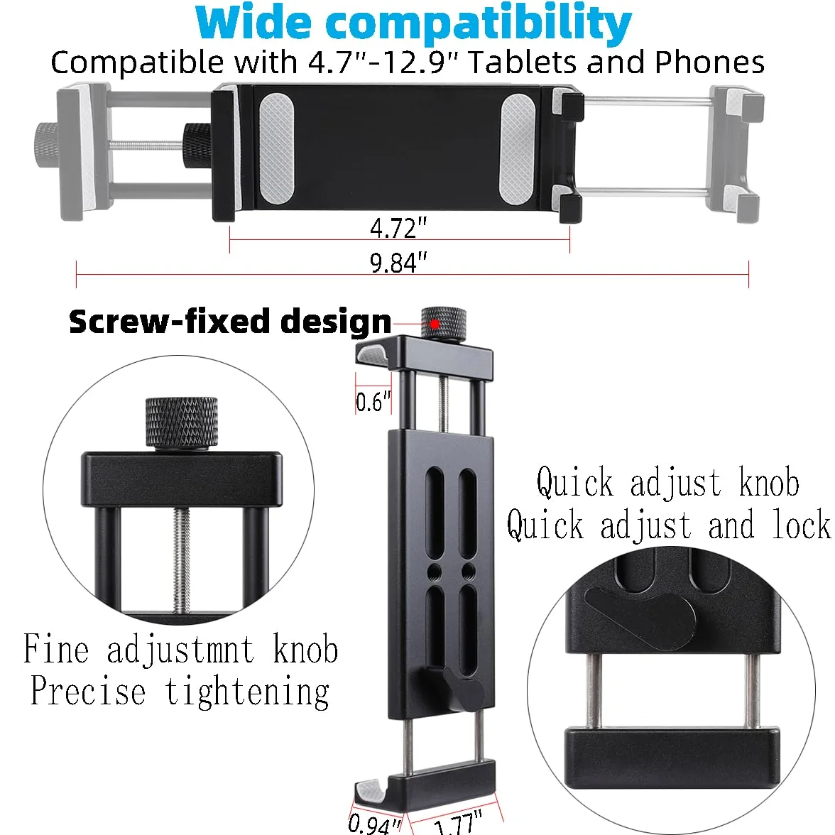 Supporto per tablet in alluminio per microfono, supporto laterale per tutti gli iPad, girevole a 360 gradi con morsetto super compatibile per iPad Pro 12.9, Air, Mini, Galaxy Tabs, tablet da 4,7-15