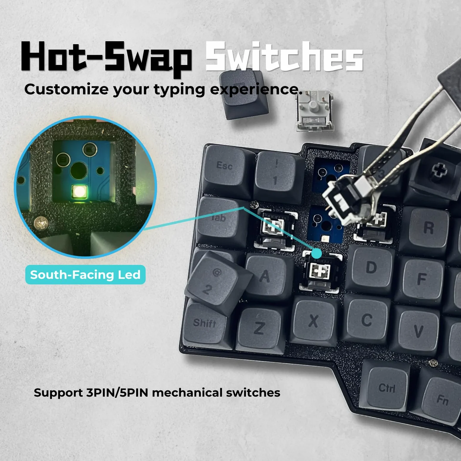 Layout angolare a 46 tasti con manopole, tastiera meccanica ergonomica cablata, 60% Orthol inear Layout, hot-swap, RGB, supporto per rimappatura fiale, interruttori lineari pre-lubrificati
