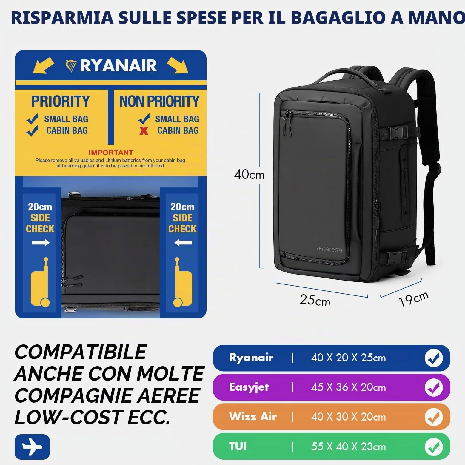 Zaino da viaggio, 20, 28 o 40 l, impermeabile, ideale come bagaglio a mano in aereo, adatto per viaggi, affari, lavoro, vacanze