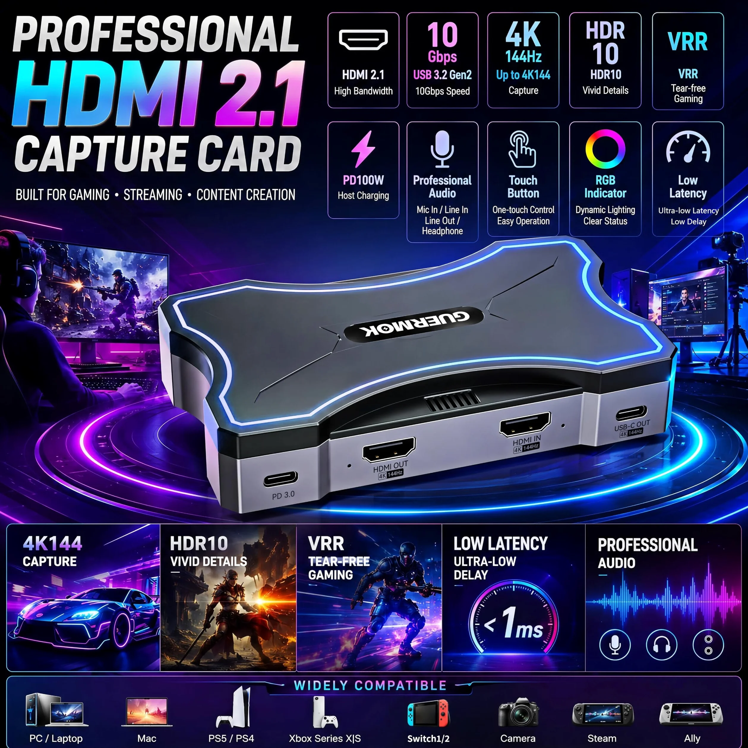 Guermok Scheda di acquisizione HDMI 2.1 4K144, acquisizione video RGB24 4K30FPS, HDR10/VRR | PD100W, USB3.2 Gen2, 2K240/1080P360 Pass-Thru, Mic/Line In, Line Out, per PS5/4/Xbox1/Switch 2/PC/Mac/iPad, OBS Stream/Record