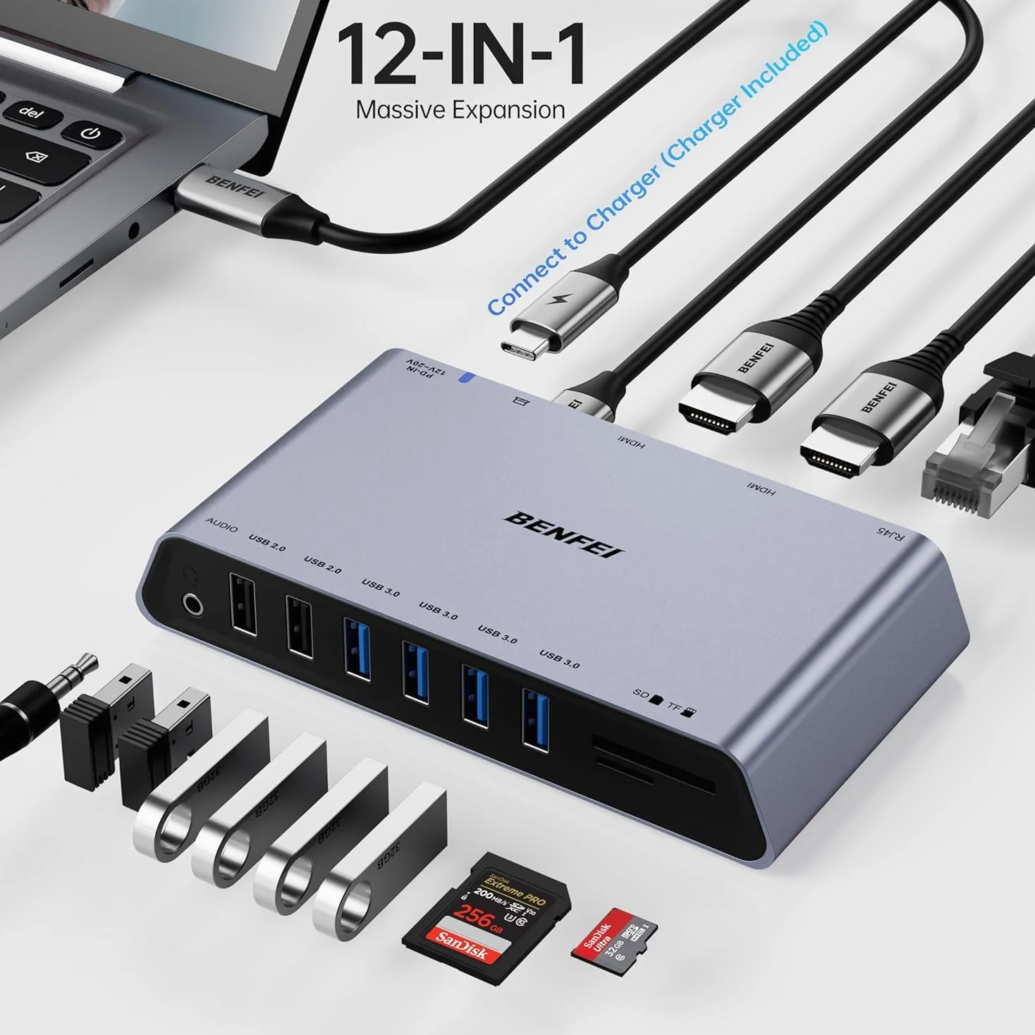 BENFEI DisplayLink - Docking station universale USB 3.0 12 in 1 con doppio display HDMI, 6 porte USB, lettore di schede SD/TF, rete Gigabit Ethernet, jack per cuffie femmina da 3,5 mm, compatibile con