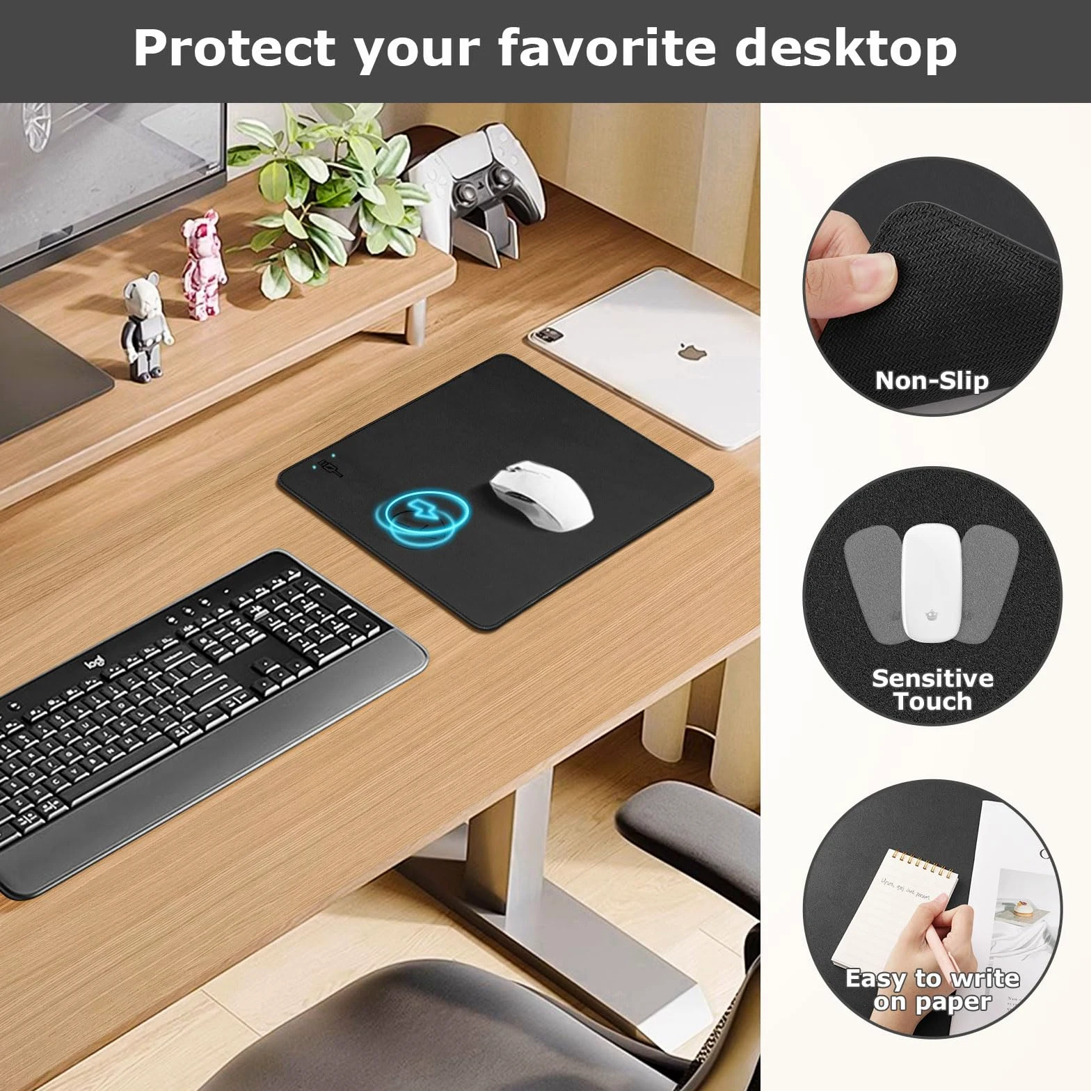 Tappetino per mouse con ricarica wireless, 2 in 1, multifunzione, in pelle, con base in gomma antiscivolo, impermeabile, per computer, ufficio, lavoro, casa, decorazione (30,5 x 25,4 cm