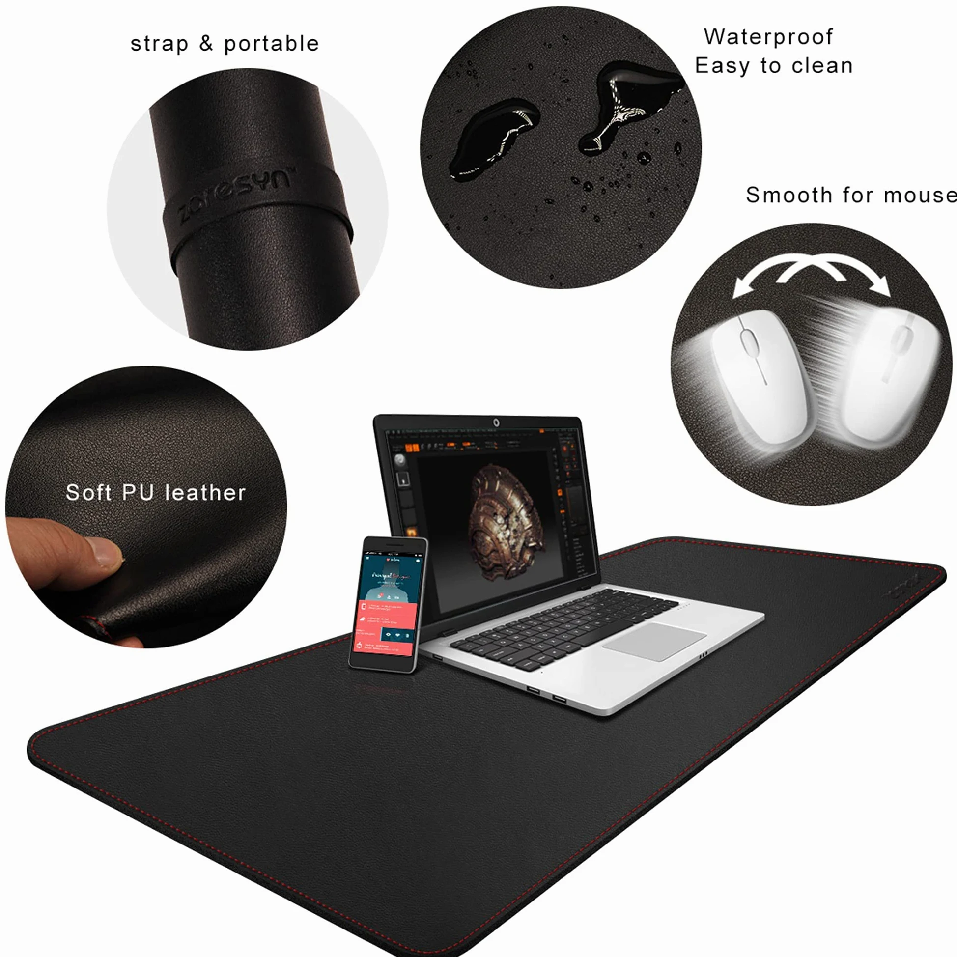 ZORESYN Tappetino per mouse da gaming - 140x40x0.2cm - Sottomano da Ufficio - Bordi cuciti, Base in Antiscivolo, Superficie in pelle PU, Adatto a Tastiere e Mouse, Computer e Portatili - Nero