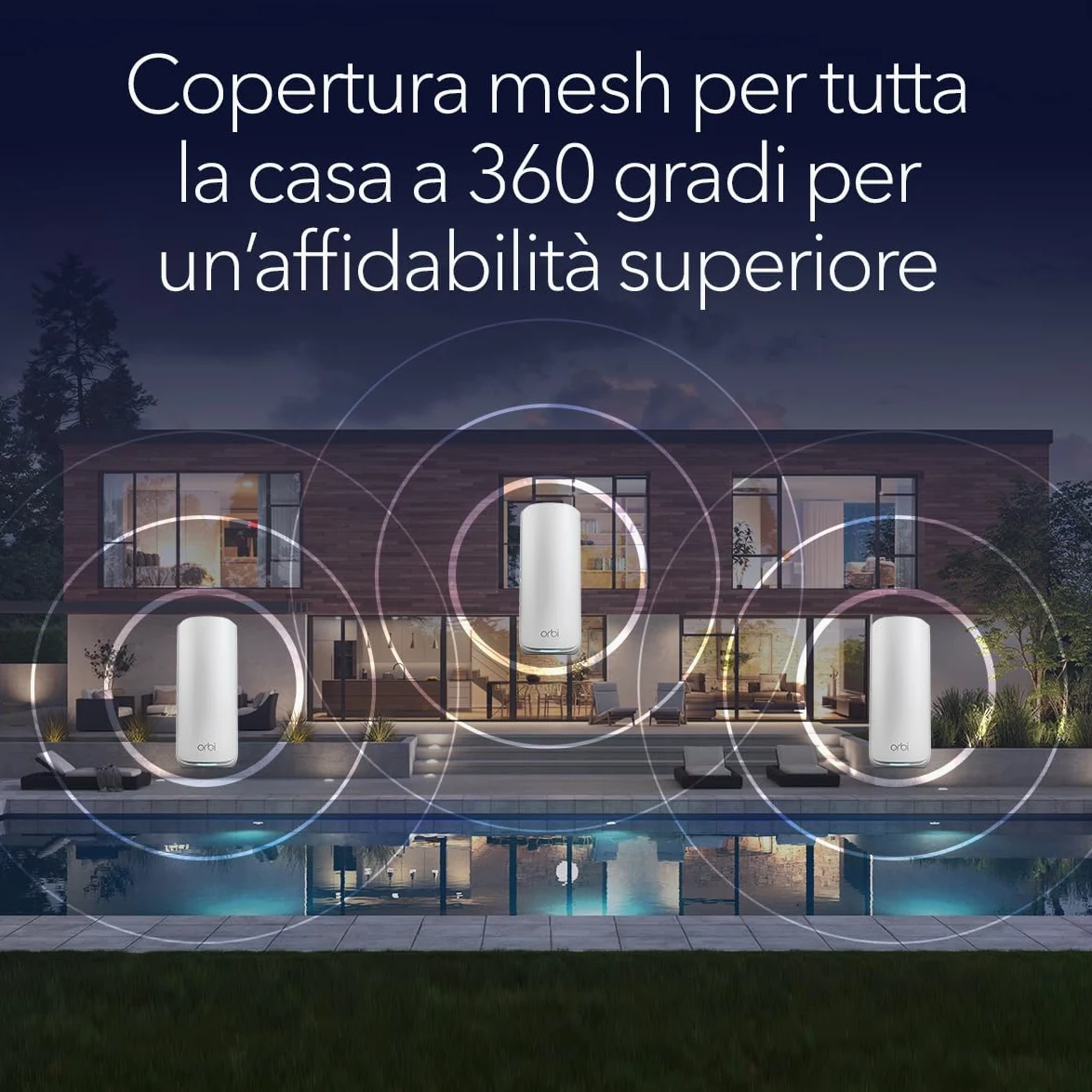 NETGEAR Orbi Serie 870 | WiFi 7 Mesh System| RBE873| Router wireless + 2 satellites| Fino a 21 Gbps | Copre 600 m² | Supporta 150 dispositivi| Porta Internet 10 GB | Tri-Band BE21000 | Kit da 3 Bianco
