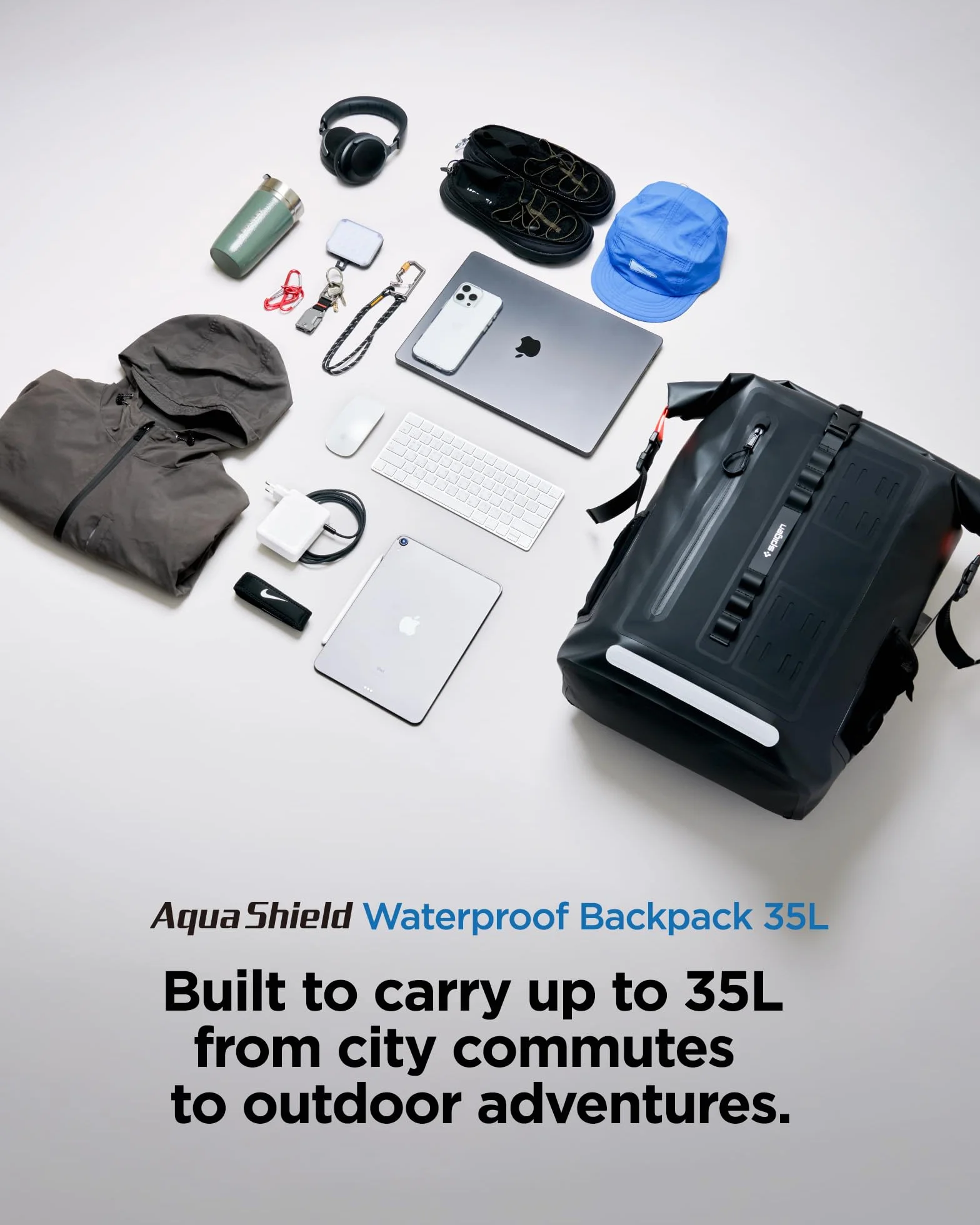 Spigen A650 Zaino Impermeabile 35L Roll Top | Nero, Zaino Roll-Top Impermeabile IPX6 35L. Compatibile Laptop 16" con Custodia Imbottita. Schienale Ventilato