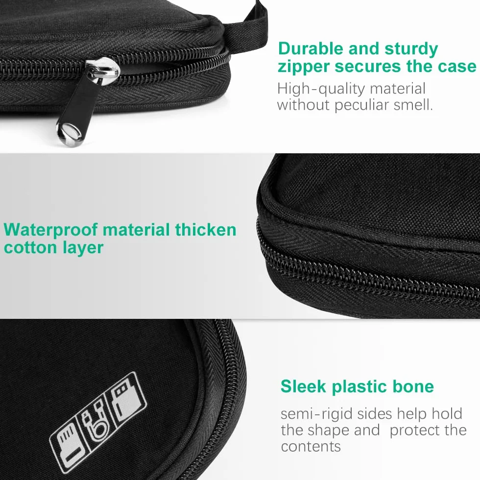 HCFGS Organizer Cavi, Borsa da Viaggio Custodia Cavi Resistente All'acqua Borsa da Piccoli con Braccialetto Pochette Antiurto per Cavi USB, Schede SD, Caricabatterie, Hard Disk (Nero)