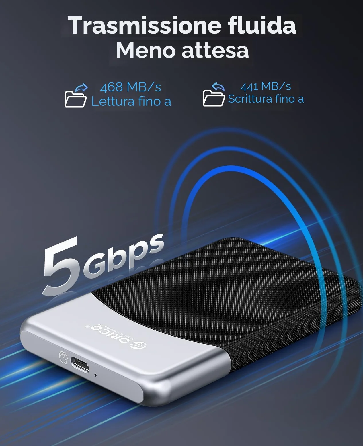 ORICO 1TB SSD esterno con cavo USB C 2 in 1, unità portatile a stato solido USB 3.2 Gen 1 fino a 460MB/s, archiviazione affidabile per smartphone USB-C, PC, tablet, Labtop - M25PRO