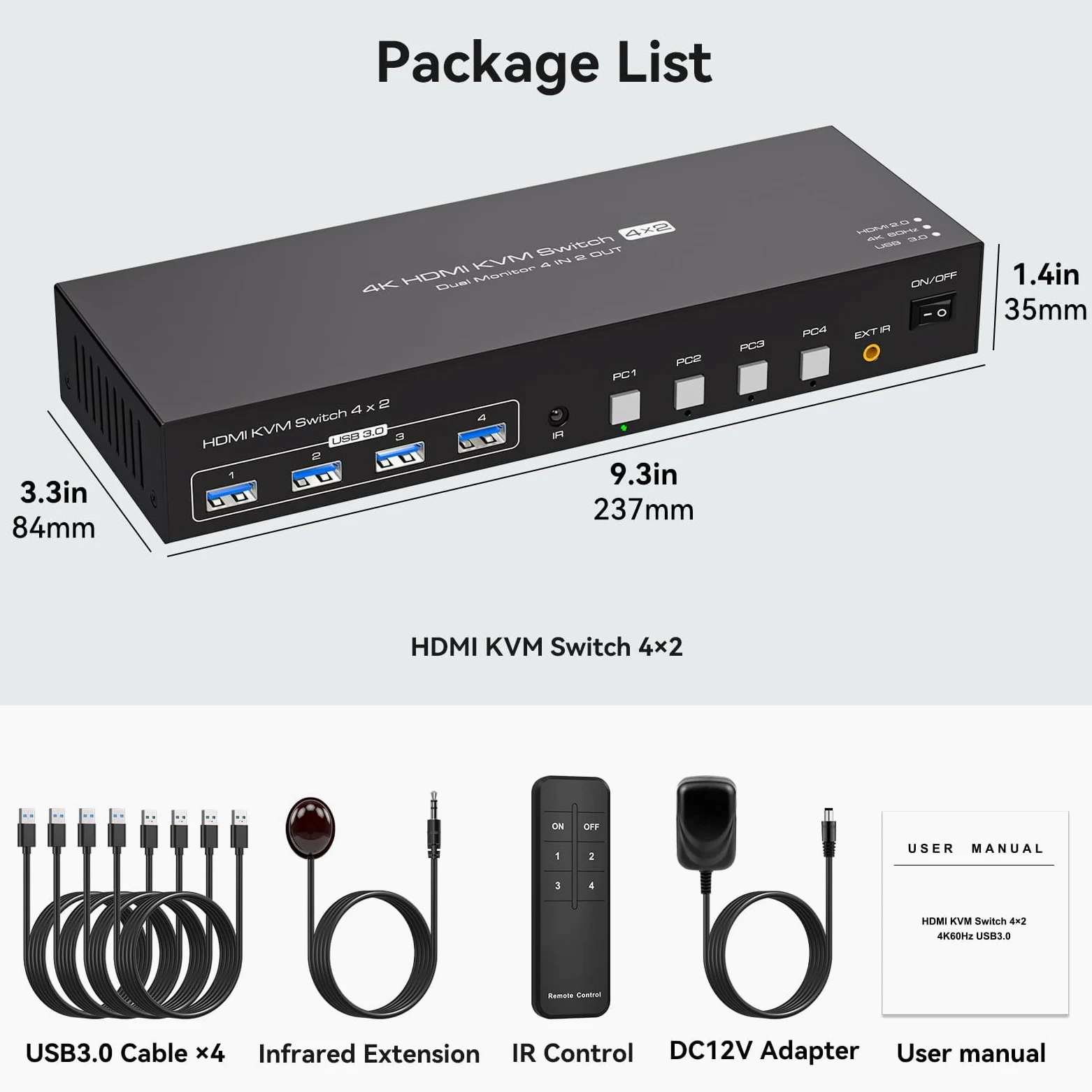 VPFET Switch KVM a 4 porte HDMI 4 PC 2 monitor 4K60Hz KVM switch simulazione EDID per 4 computer, 2 monitor e 4 porte USB 3.0 con adattatore DC12 V e 4 cavi USB 3.0
