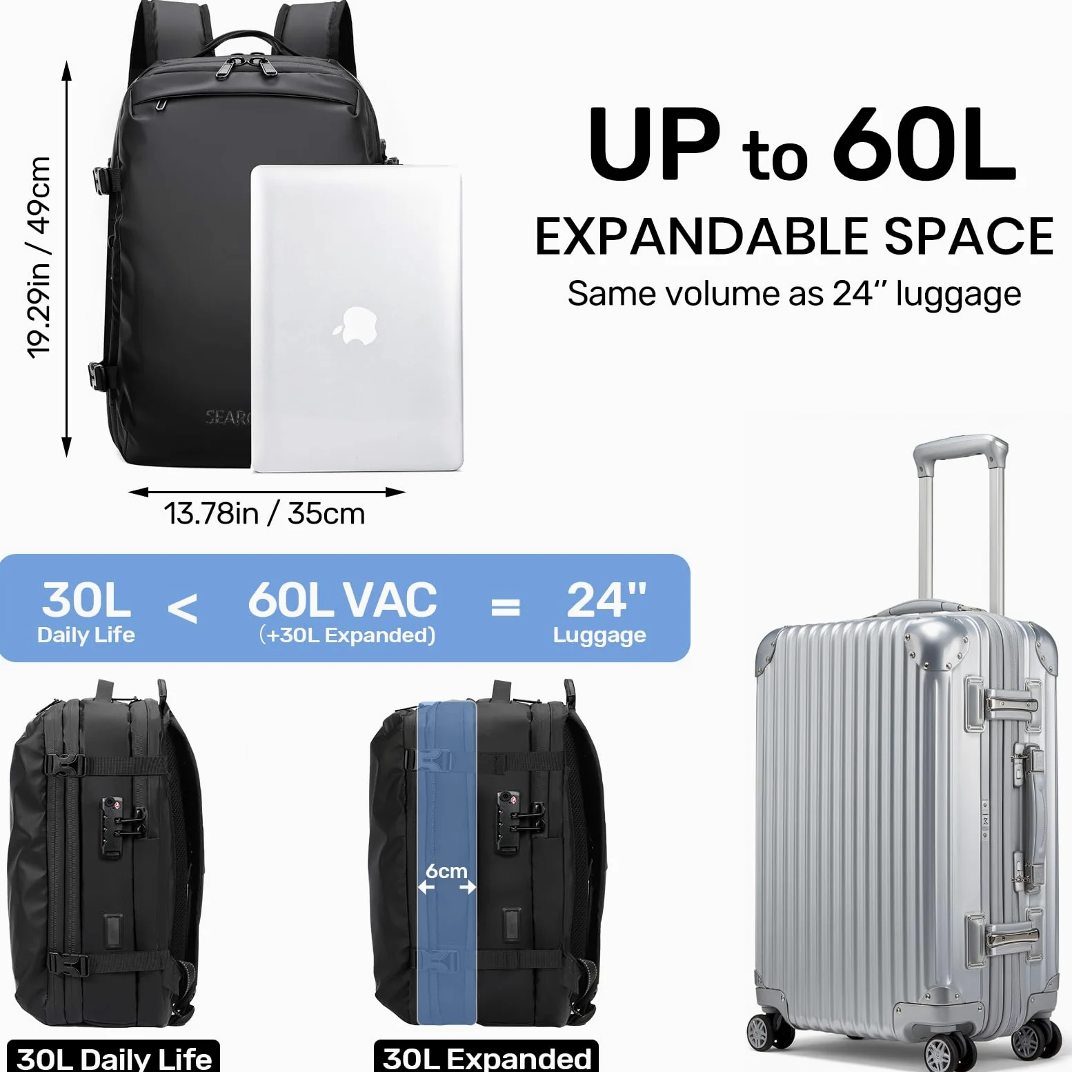 H.yeed Travel Backpack, Expandable 30L-60L Vacuum Backpack with USB&Type-C Charging Port and Pump, Waterproof Lightweight Business Rucksack, Wet Dry Separation, Fits 17.3 Inch Laptop