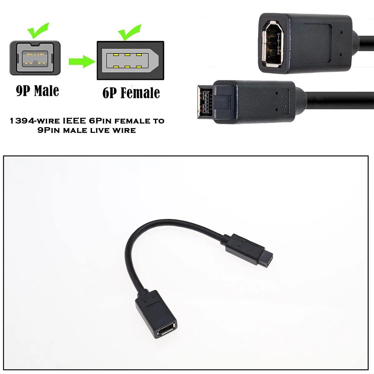 ECSiNG Cavo IEEE 1394 6 Pin Femmina A 1394 9 Pin Maschio Firewire Da 400 A 800 Cavo Convertitore Adattatore Trasferimento Dati Compatibile Con MacBook Pro 22 Cm Nero