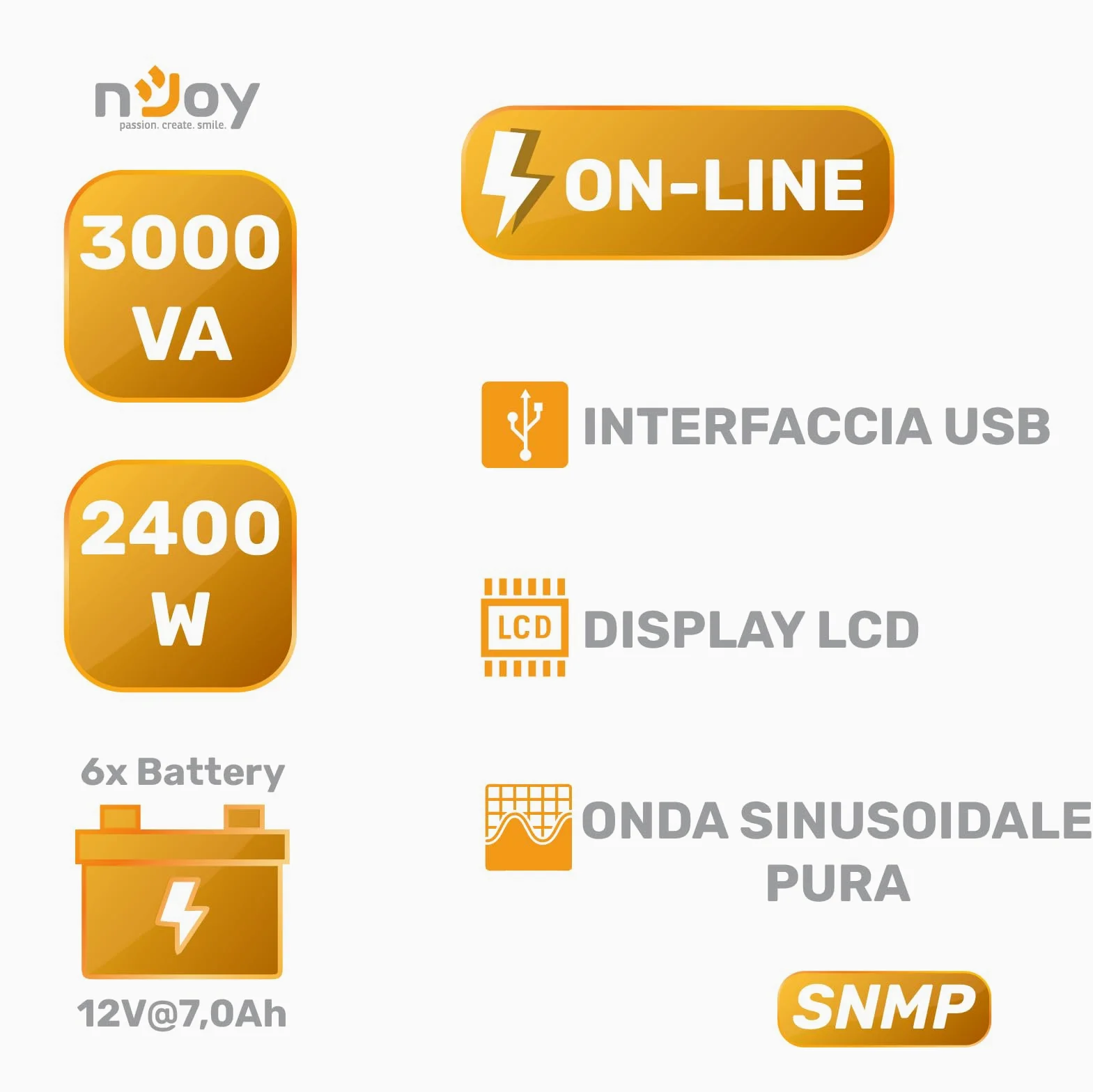 NJOY Echo Pro 3000 Gruppo di Continuità UPS Tower 3000VA 2400 Watt Doppia Conversione OnLine Onda Sinusoidale Pura, 4 Uscite Schuko, USB, RS232, EPO, Slot SNMP, 6 Batterie 12V-7Ah