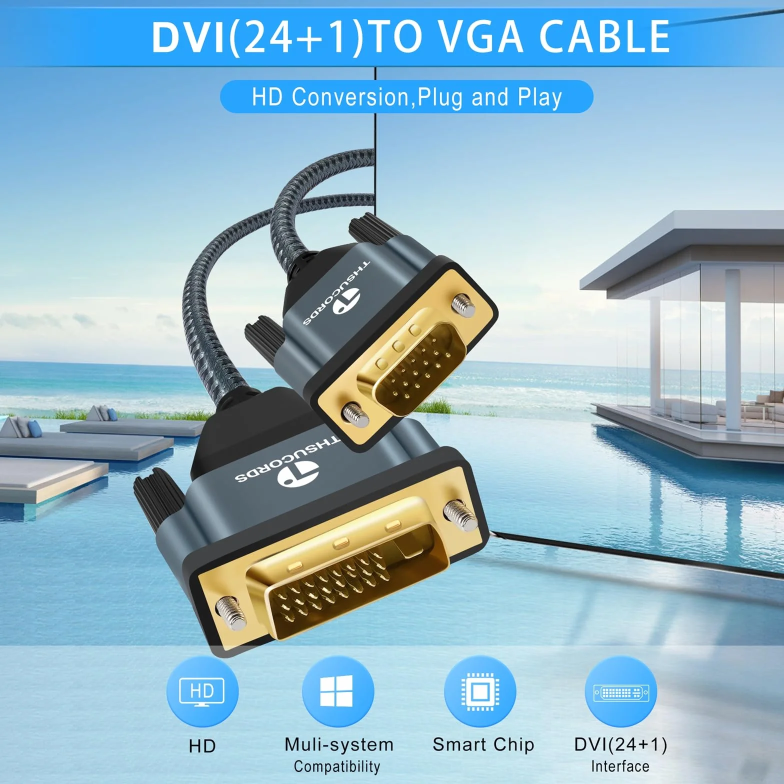 Thsucords Cavo da DVI a VGA 1M, Adattatore Unidirezionale da DVI-D a VGA, da Maschio a Maschio, Placcato oro1080p Cavo Full HD per HDTV, PC, Laptop, Monitor, Proiettore