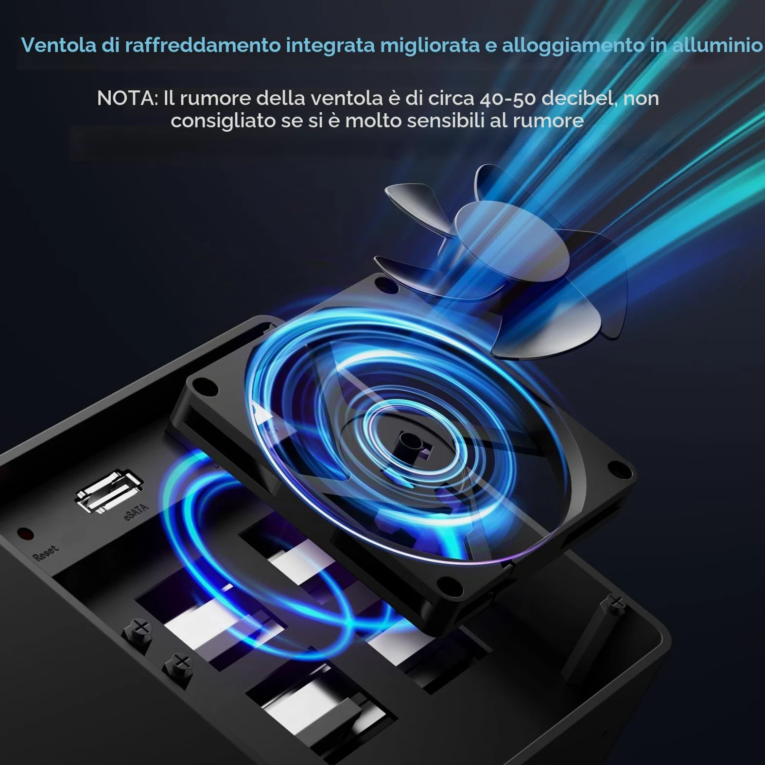CENMATE Case Hard Disk 4 Bay con Ventola per 2,5/3,5” SATA HDD/SSD con Cavo USB A/C 3.0＋eSATA, Case HDD 3,5 Supporta 80TB di Capacità (NO RAID/NAS)