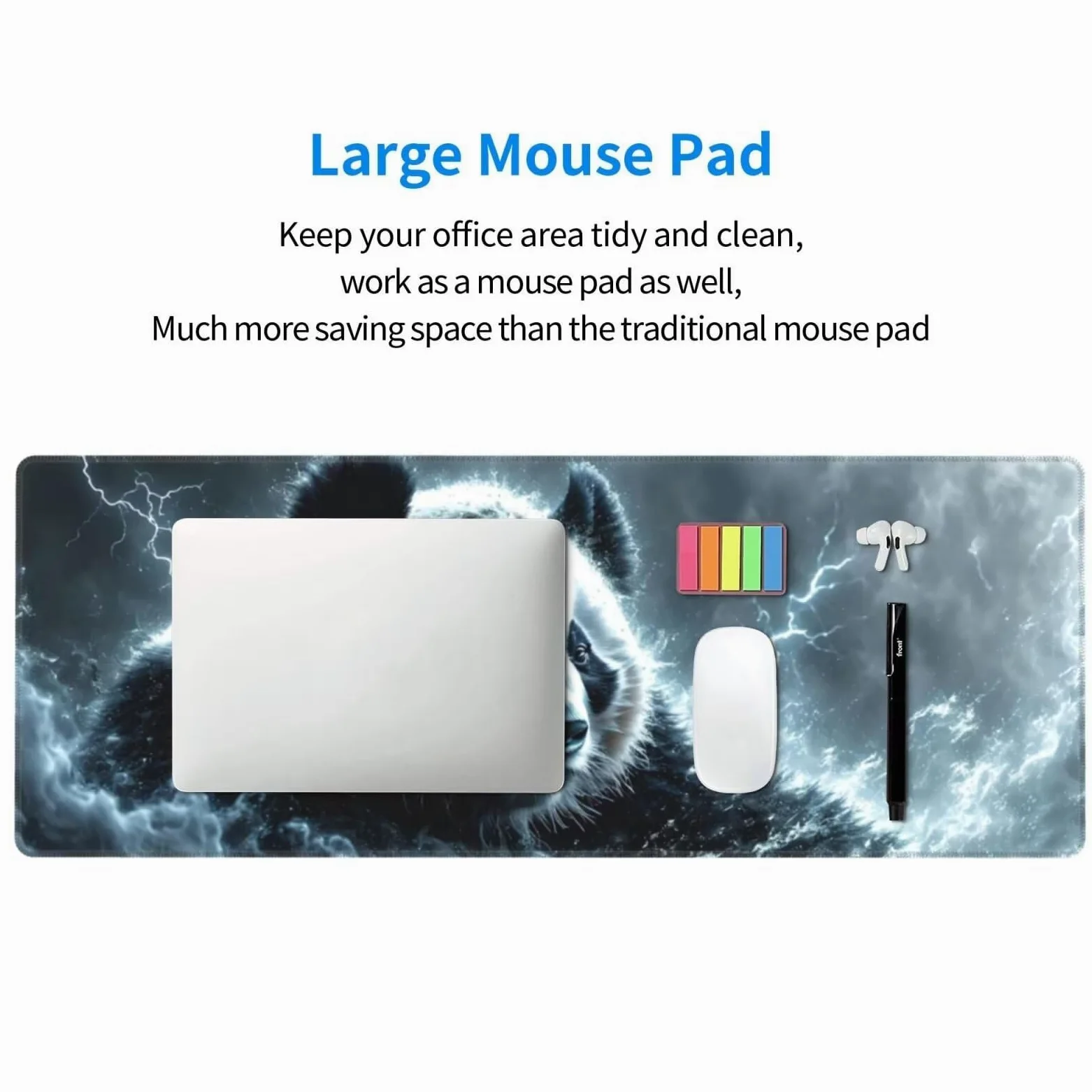 Tappetino Mouse, Tappetino Mouse Gaming Grande XXL 1500x800x3mm Tappetino Scrivania Mouse Pad, Base in Gomma Antiscivolo, Bordi Cuciti,Lavabile, Mousepad per Ufficio e Gaming (Panda Fulmine) R-596