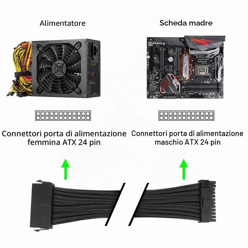 J&D ATX 24 Pin Motherboard Cavo Alimentazione di Estensione, Maschio a Femmina - 30cm