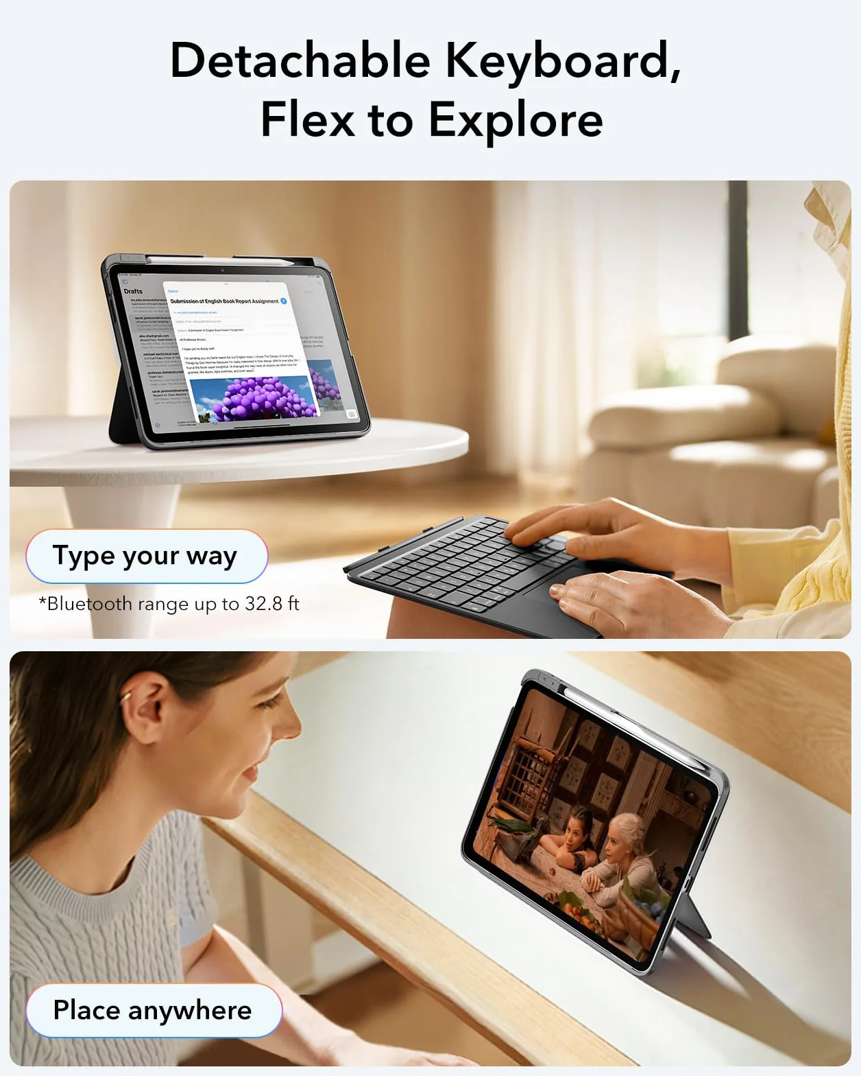 ESR iPad 11" (A16) 2025/10. Gen Flex Custodia con tastiera, tastiera magnetica ultra leggera rimovibile per iPad 10.9" con modalità di scrittura e visualizzazione, grande trackpad di precisione