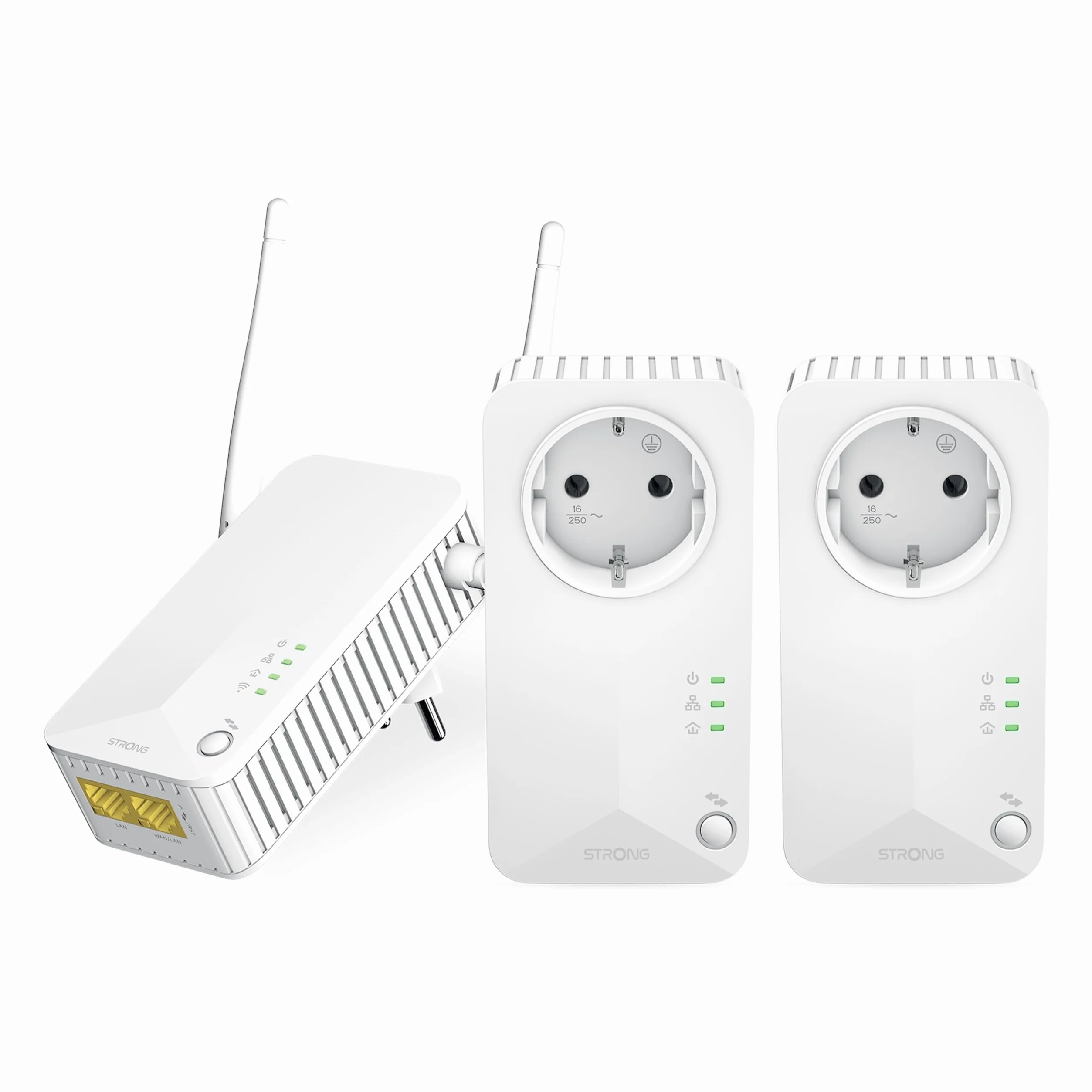 STRONG - Powerline 600 Triple Wi-Fi EU - 2 Adattatori Powerline 600 + Wi-Fi 300 Mbps - Internet Veloce - Presa Passante Schuko - Portata di 300m - Per Tutti i Modem/Router PLWF600TRIEUV2