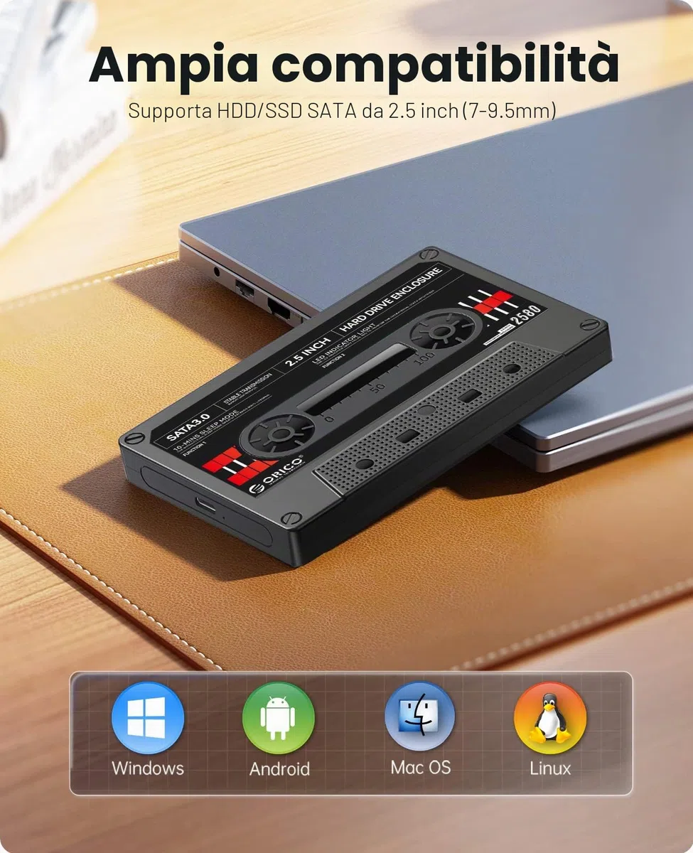 ORICO [Retrò Nastro] Case Hard Disk 2.5 Pollici USB 3.1 Tipo-C a SATA con UASP Custodia Disco Rigido Esterno per 7mm e 9,5 mm HDD SSD Max 6 TB,con Adesivi Fai da Te, Nero (2580C3-V1-BK)