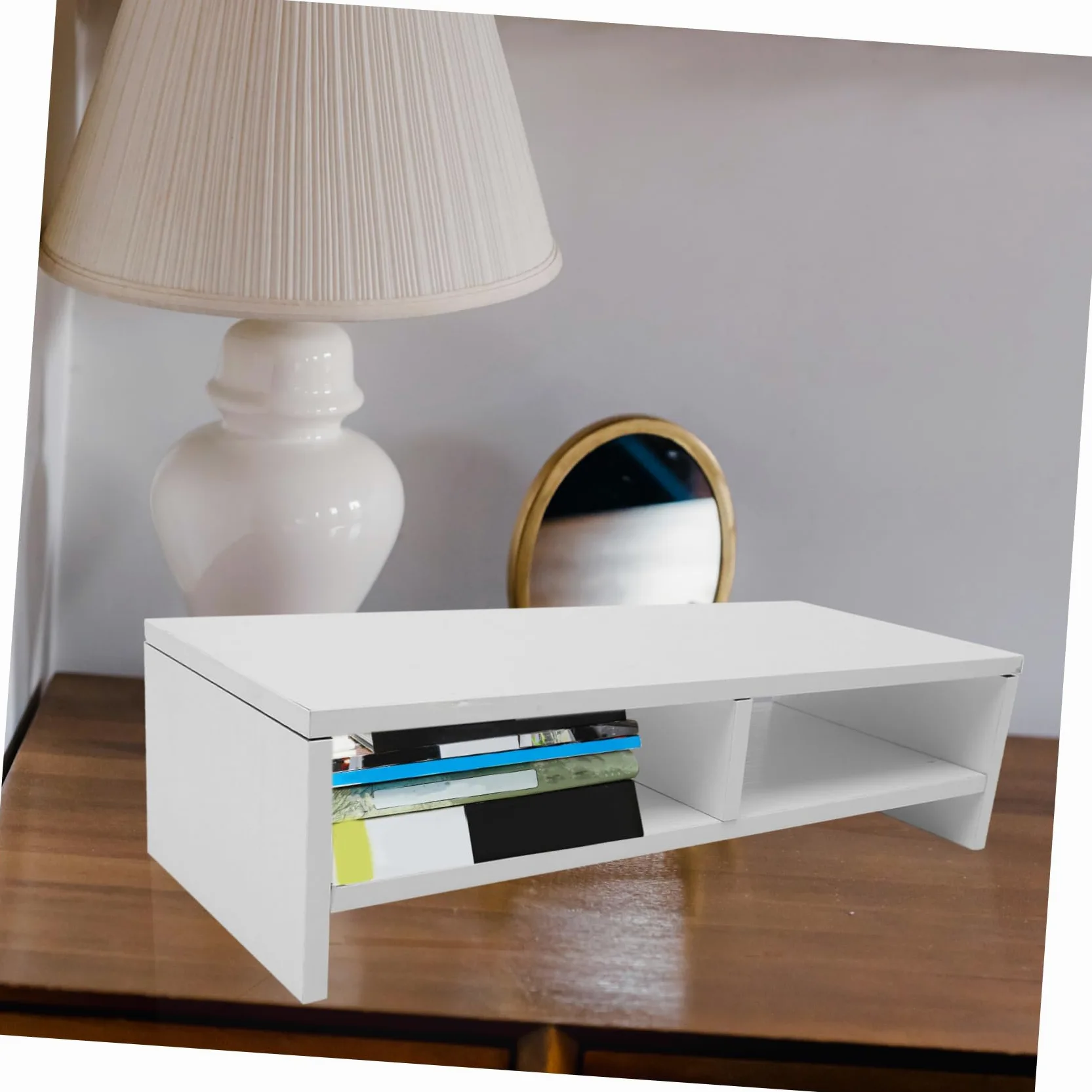 Supporto per Monitor da Scrivania in Legno Bianco Design a Doppio Strato, Rialzo per Computer e Laptop, Organizza Lo Spazio Ufficio in Modo Efficiente e Ordinato