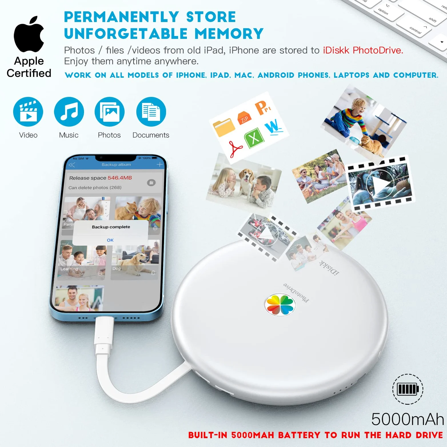 iDiskk (AGGIORNATO) Disco rigido esterno 2 TB per iPhone, disco rigido Lightning certificato MFi, cavo HDD 3 IN 1 integrato per iPhone/iPad/telefoni Android USB-C/PC/Mac, archiviazione iPhone