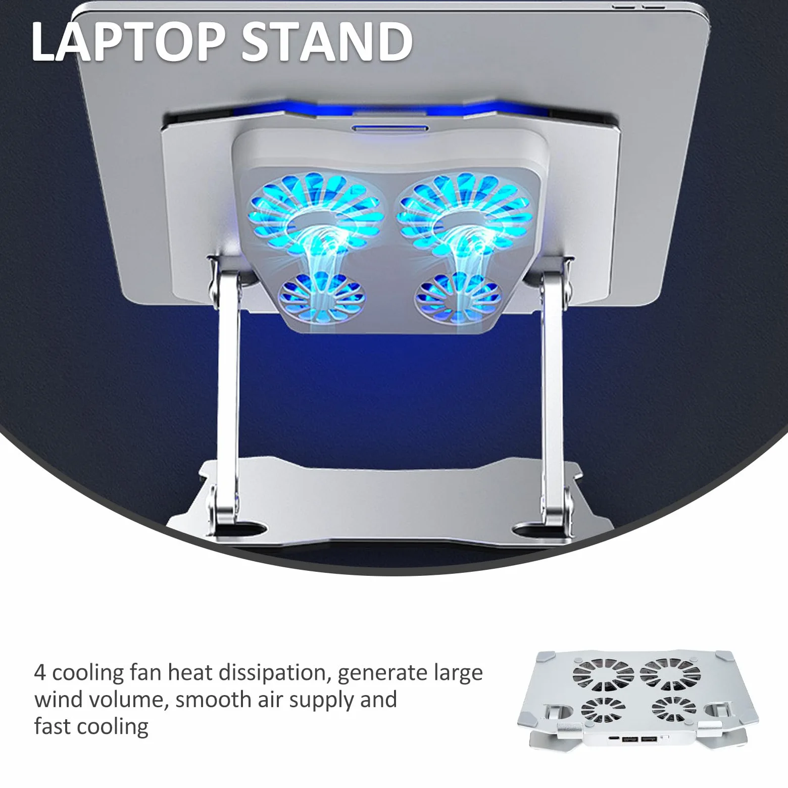 SHINEOFI Supporto per Laptop Regolabile in Altezza e Angolo 4 Ventole di Raffreddamento Silenziose, Struttura in Metallo Argento per Ufficio e Casa