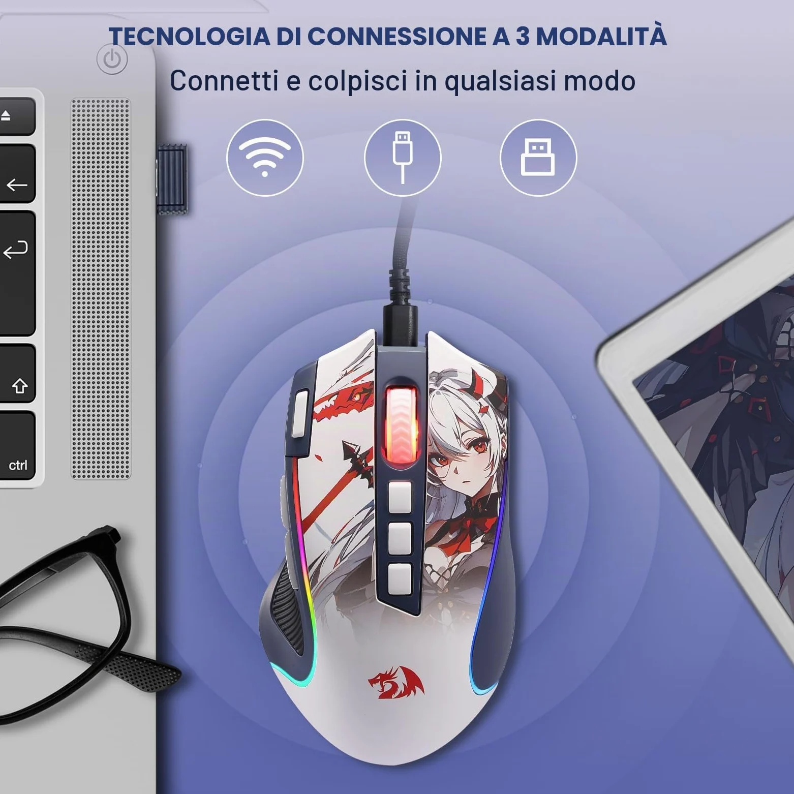 Redragon M612AK PRO Mouse Gaming 3 Modalità RGB | 8000 DPI 9 tasti programmabili 7 RGB BT+2.4G software macro tasto fuoco rapido