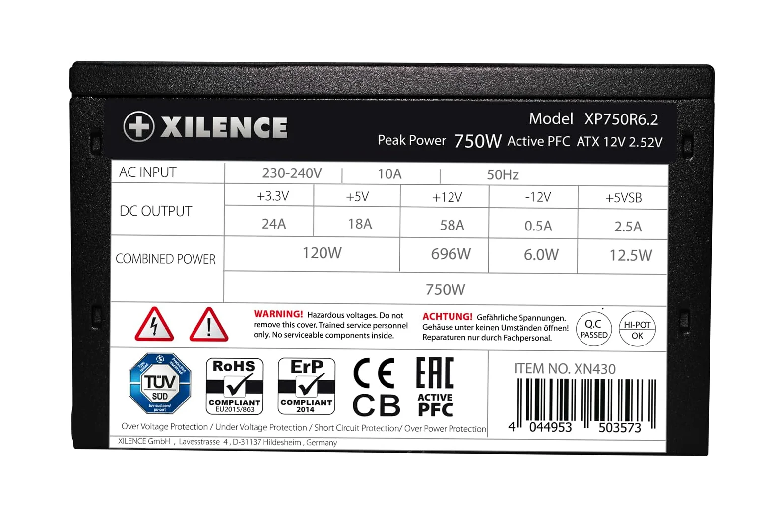 Xilence XP750R6.2 ATX 750W PC Alimentatore di rete, certificazione 80+, gaming, non modulare, 1 x 20+4PIN, 1 x CPU 4+4PIN, 1 x CPU 8PIN, 2 x PCI-E 6+2PIN, 3 x HDD, 5 x SATA, ventola silenziosa da 120