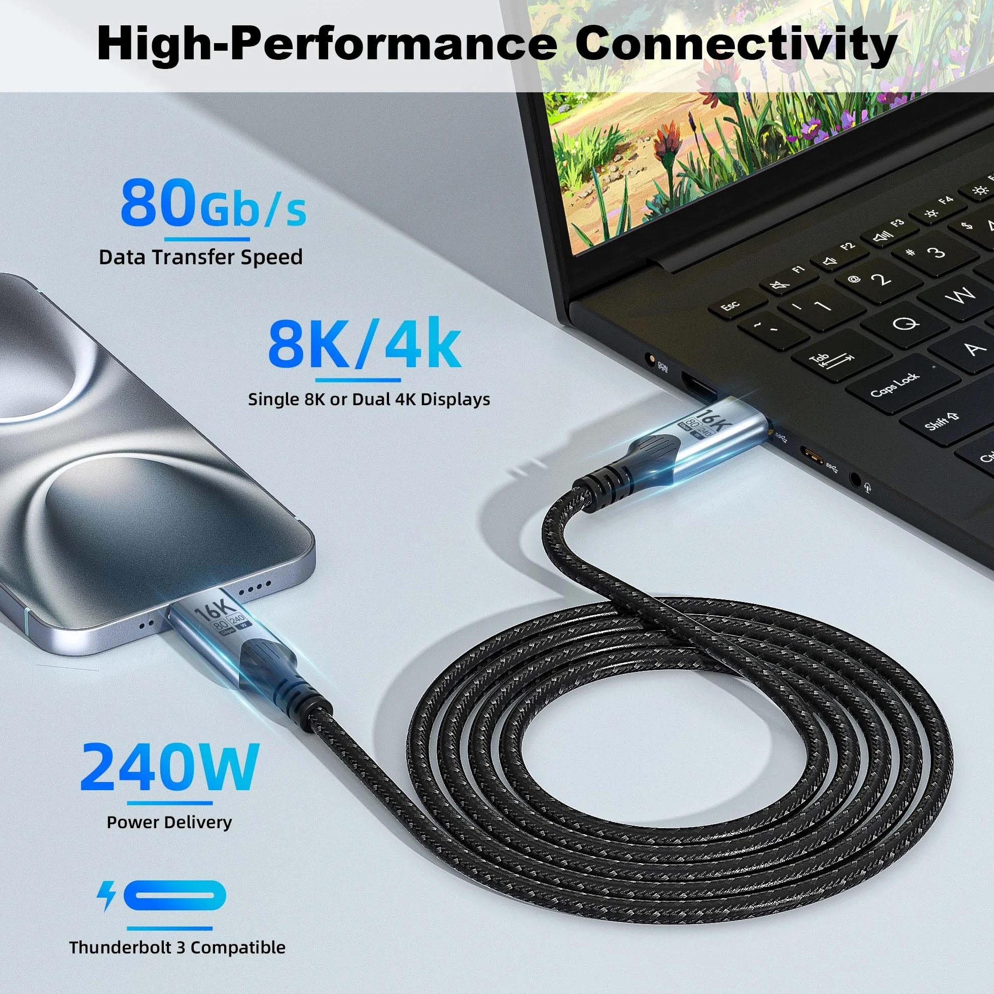 lungo Cavo USB C a USB C 2M 2pack, usb c Ricarica Rapida Intrecciato Cavo Compatible thunderbolt 5,Data Transfer,16K/8K/4K Video cavo tipo c,240W Charging 80 Gbps Compatible thunderbolt 4/3
