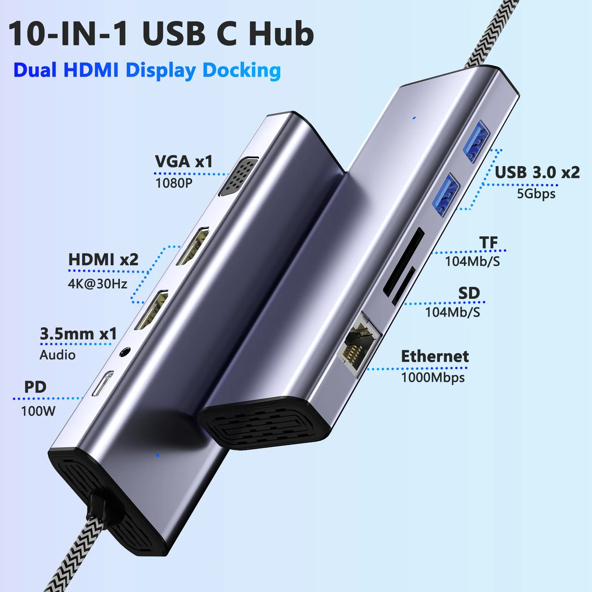 Docking Station Dual Monitor, USB C a Dual HDMI, USB C 10 in 1 Docking Station 3 Monitor con HDMI/VGA/PD/Ethernet/USB/SD/TF/3.5mm Audio