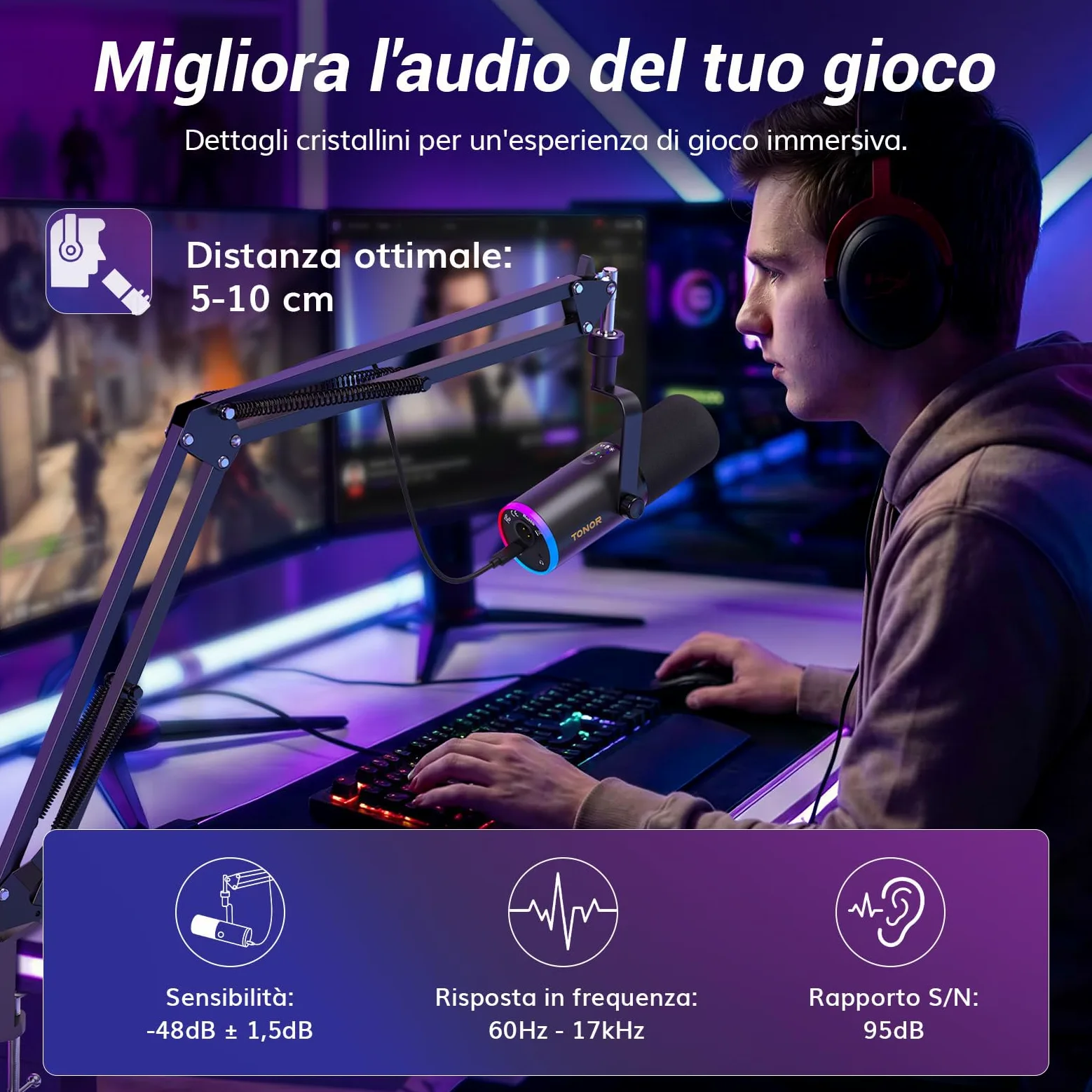TONOR Microfono Gaming Dinamico per PC, Microfono Cardioide Streaming XLR/USB con Braccio per Podcasting/Studio, Cancellazione Rumore IA, RGB Controllabile, Jack Cuffie 3,5 mm, Nero, TD510 AIR H+
