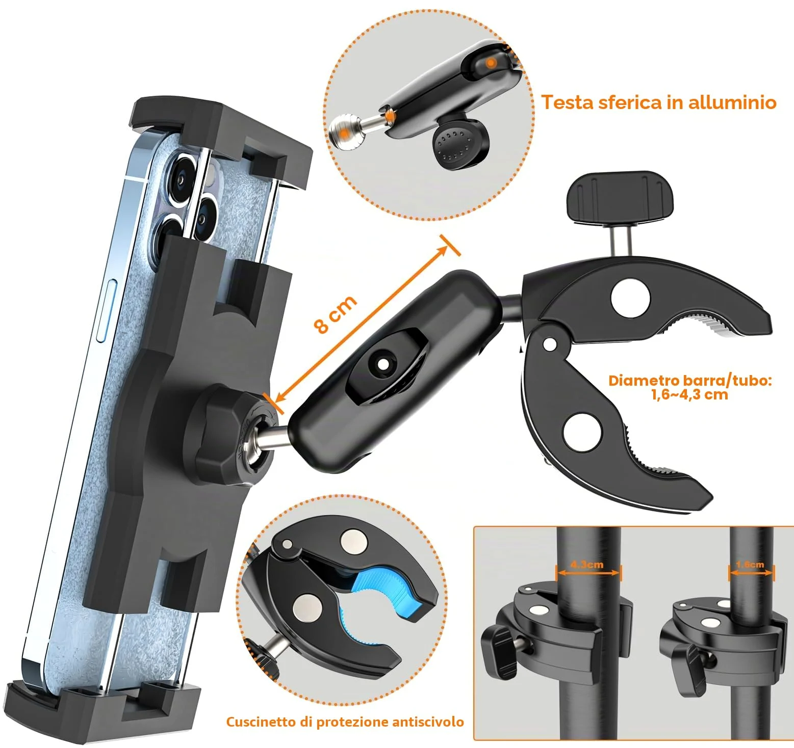 Oilcan Supporto Tablet Moto, Bici, Barca, Passeggino - Braccio Regolabile in Alluminio, Porta iPad Manubrio Asta Tubo Palo per Tablet e Telefono da 4-13", iPad Pro Air Mini/Galaxy Tab/Fire/iPhone